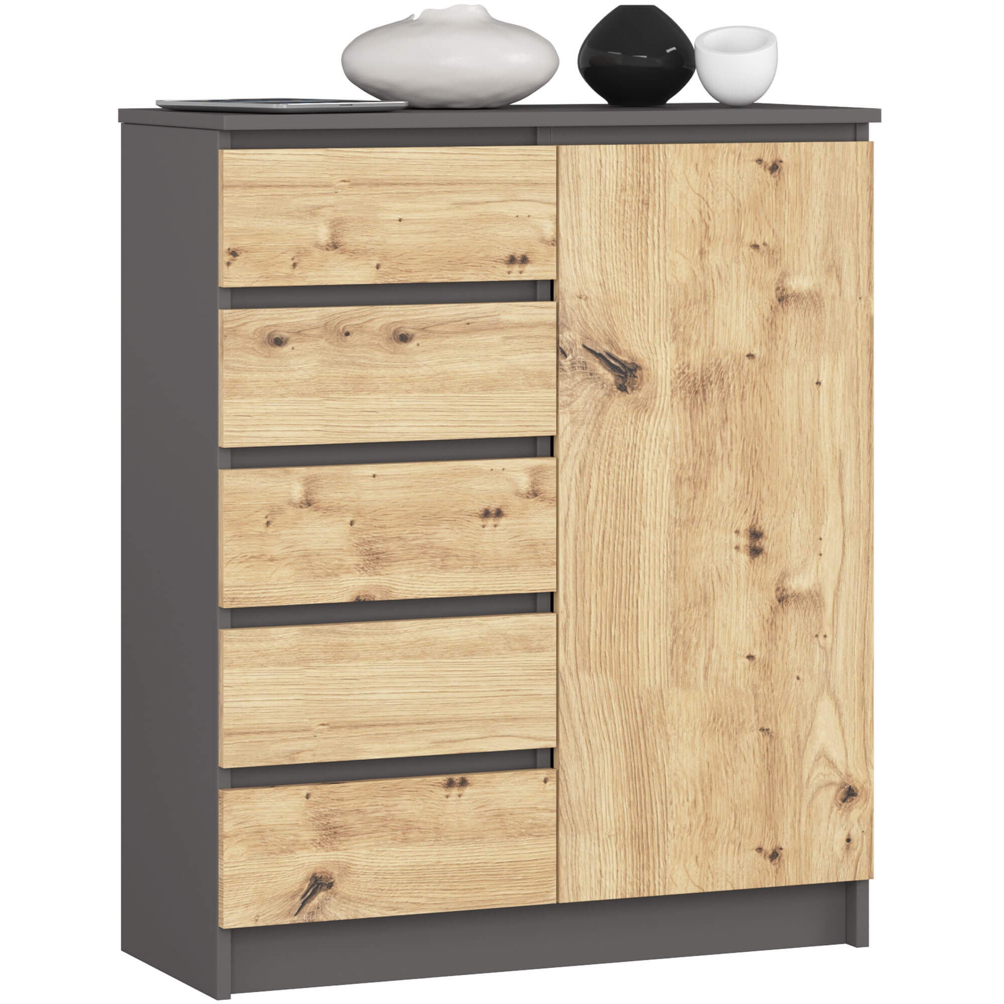 Komoda AKORD K80 Grafit Szary 80 cm 1 drzwi 5 szuflad kolor Dąb Artisan mat 3 półki 80x35x97 cm