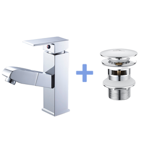 Robinet Lavabo avec Douchette Extractible,en Laiton,Chromé Eau Froide et Chaude+Bonde de Lavabo Bonde Pop-up avec Trop-plein Automatique Universelle