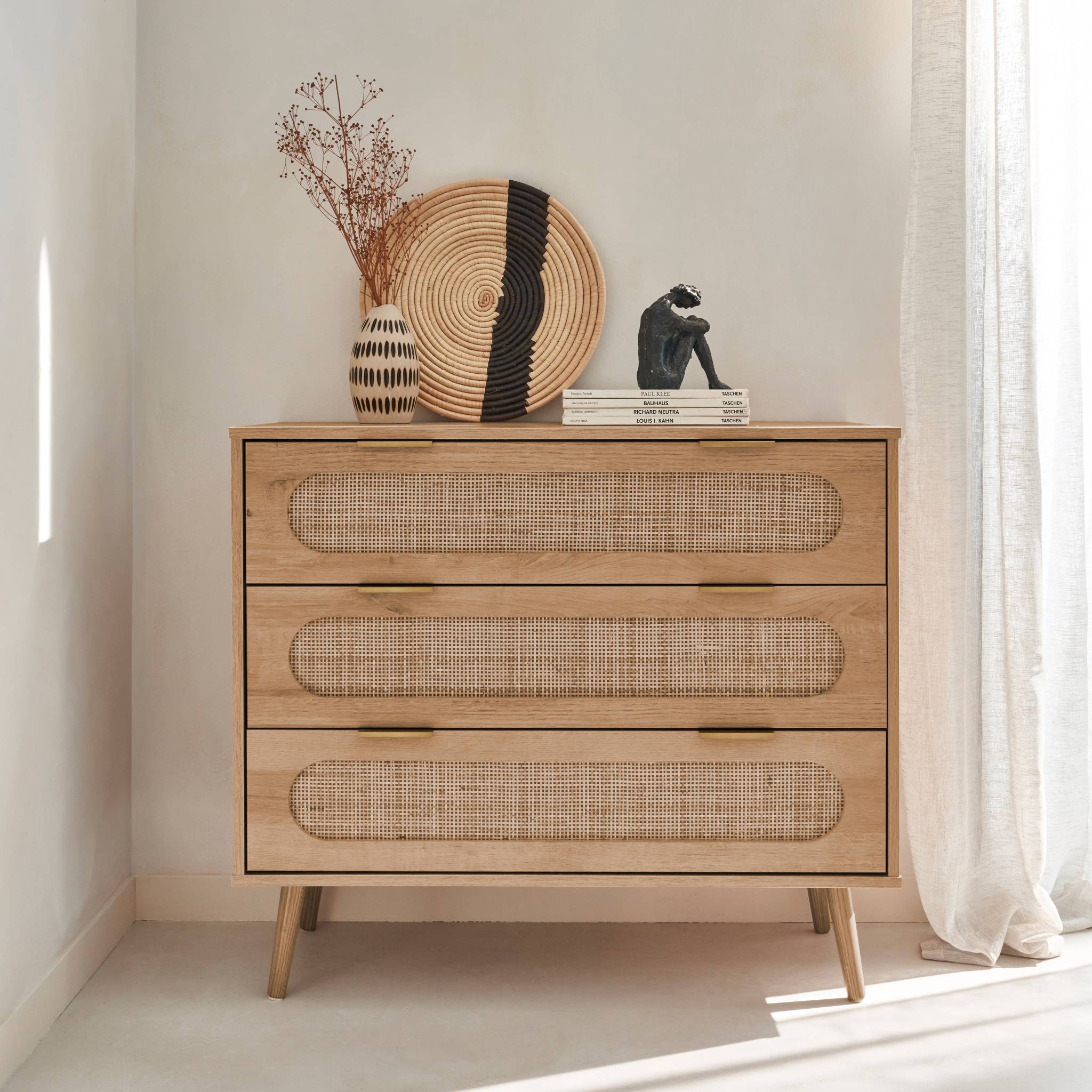 Commode. Eva. décor bois et cannage arrondi. 3 tiroirs L 90 x l 39 x H 79cm EVA - 2