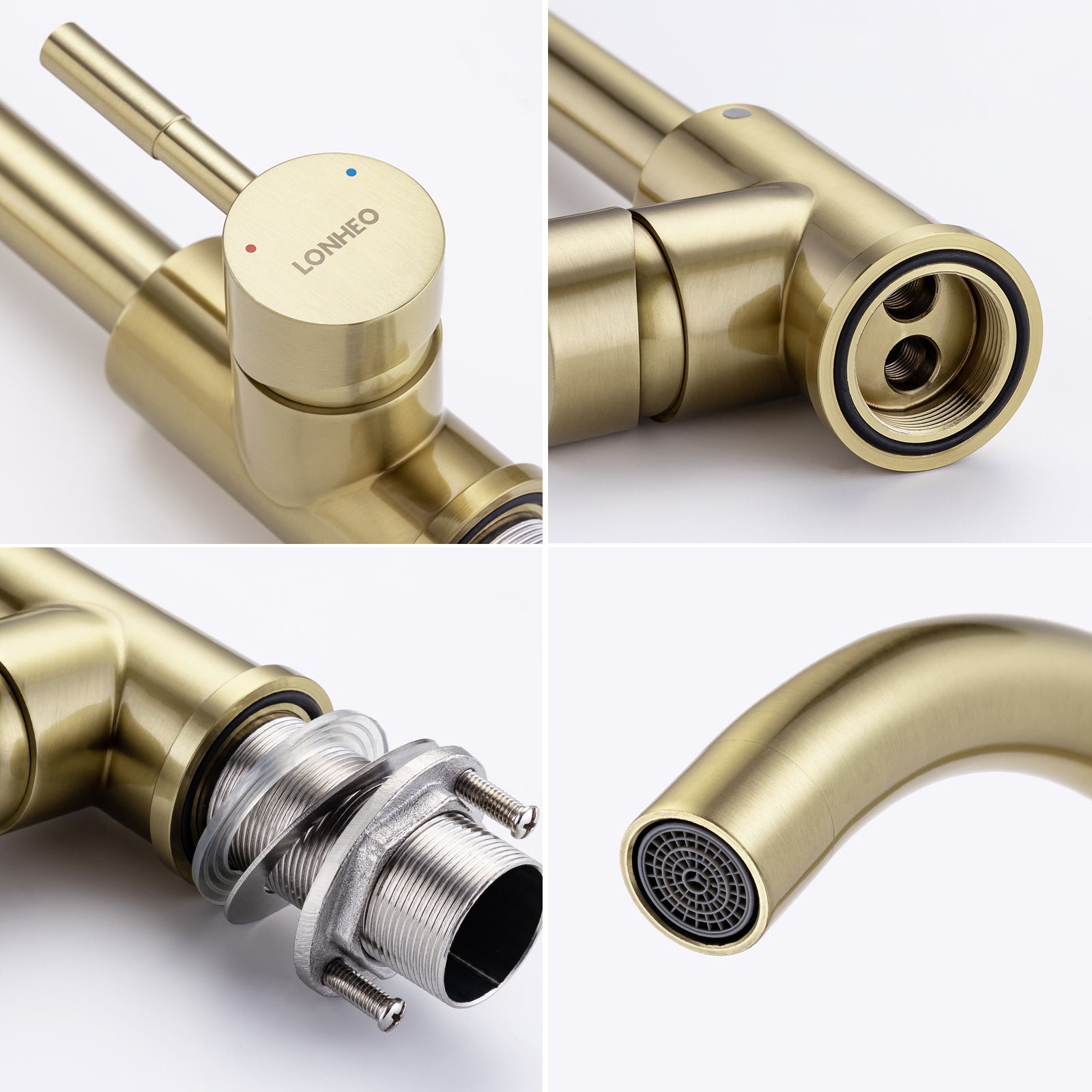 Lonheo Max Rubinetto Cucina U-Forma Rotante a 360°,ad Acqua Fredda e Calda,in Acciaio Inossidabile con Sguazzatore Demotabile,Dorato,Modello UE - 7