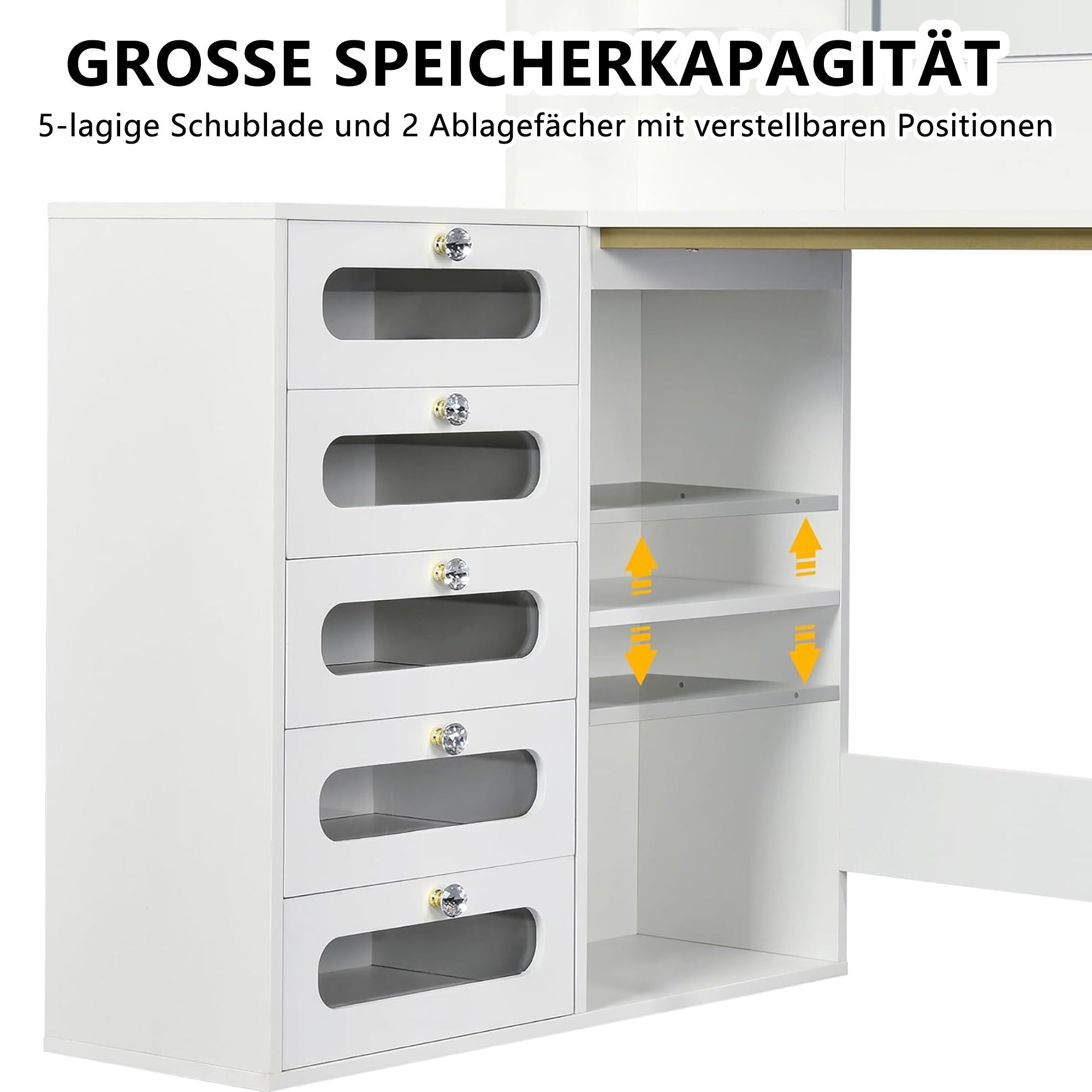 Coiffeuse avec miroir led, tabouret de coiffeuse, 5 tiroirs et 2 compartiments de rangement, design d'angle en L, blanc, table d'appoint, coiffeuse - 7