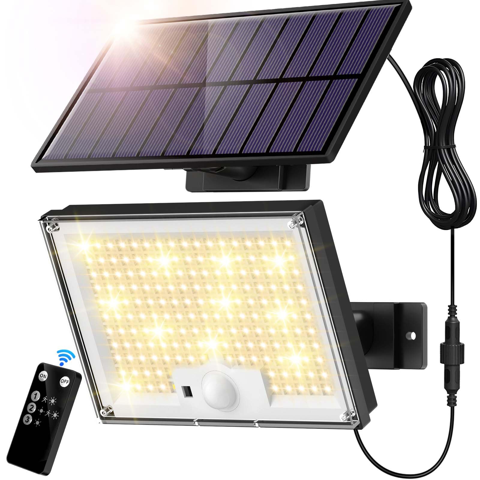 Zewnętrzna lampa solarna 172 LED, 3 tryby, IP65, czujnik ruchu, kabel 5M do ogrodu i garażu
