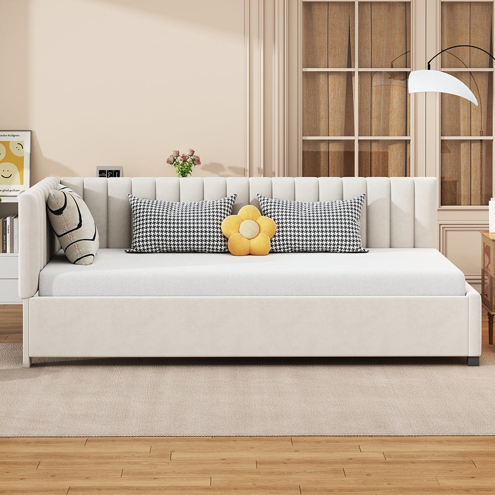 Lit adulte Lit gigogne Lit 90x200 avec sommier à lattes Canapé-lit pour le salon Tissu velours Beige - 3