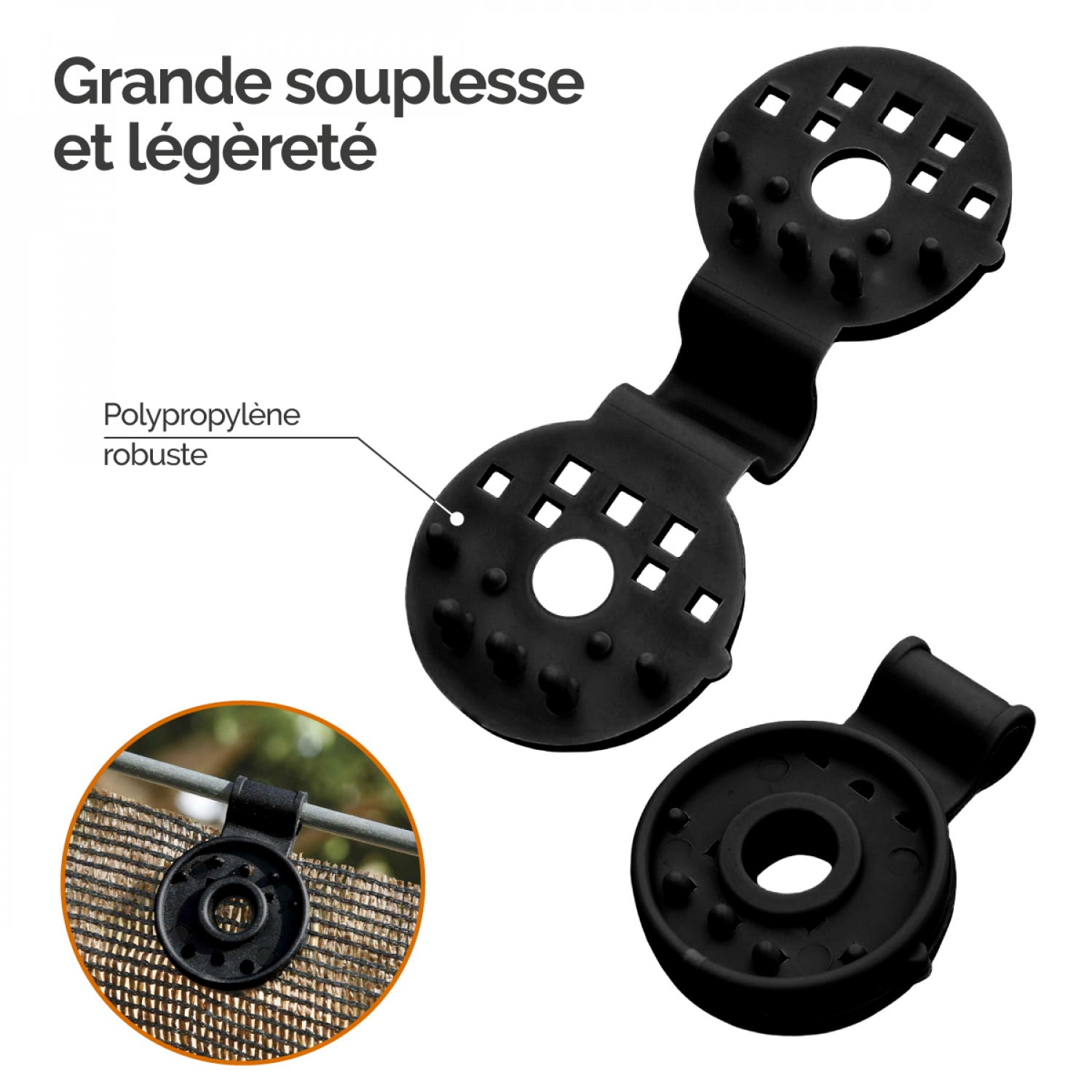 Linxor - Lot de 50 clips de fixation pour brise vue, bâche ou toile d'ombrage - Noir - 3