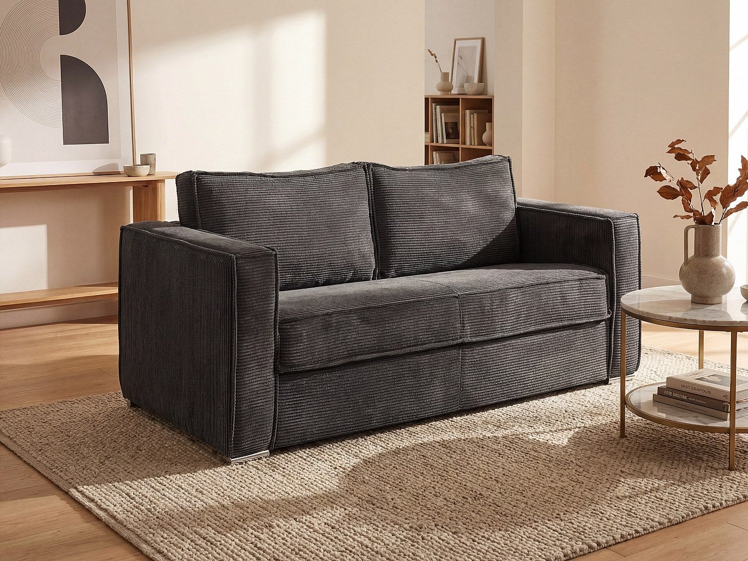 Kanapa 3-osobowa rozkładana typu express ze sztruksu antracytowa – Miejsce do spania 140 cm – Materac 22 cm z pamięcią kształtu – LORETO