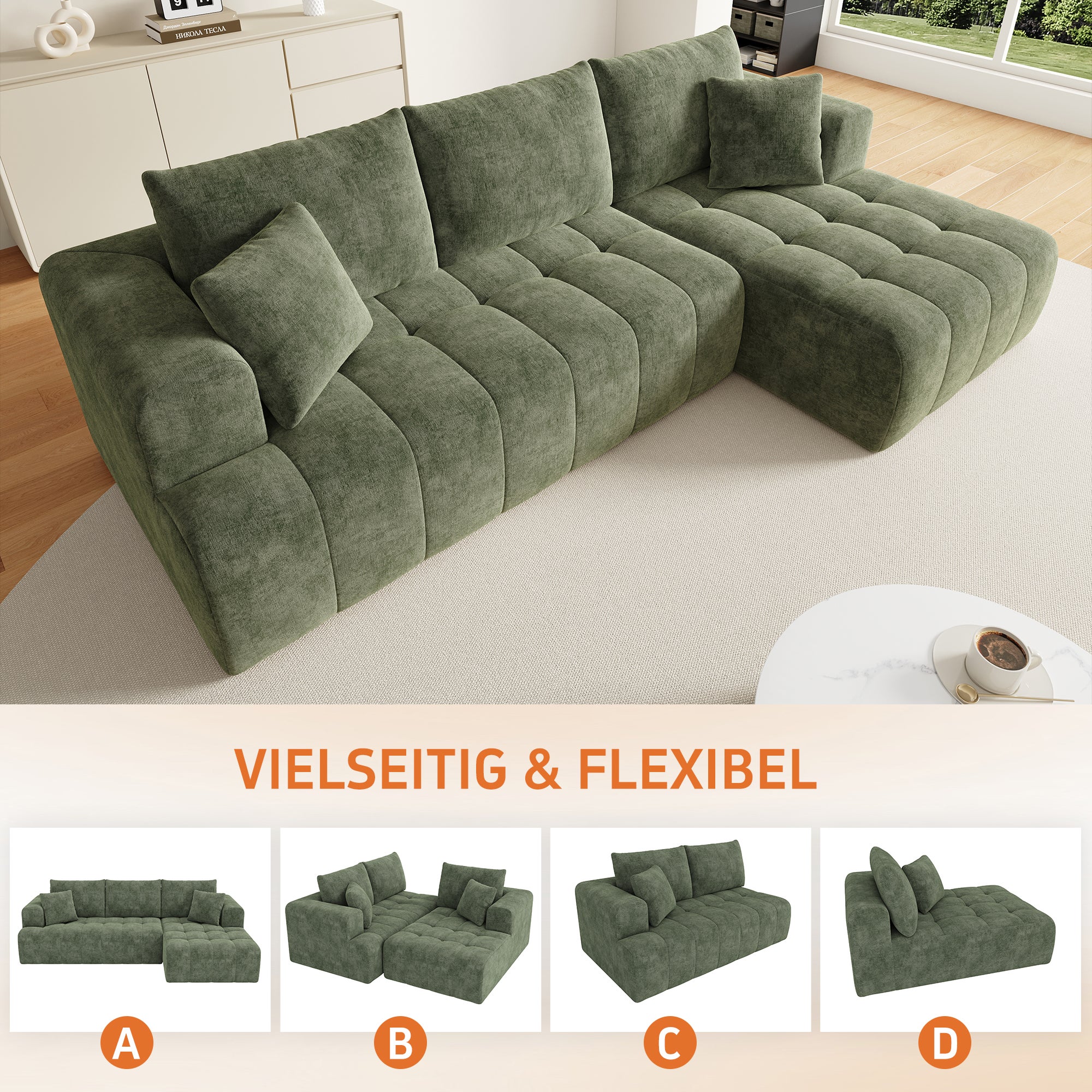 Canapé d'angle modulaire en L 244.5x136x79cm, canapé nuage, tissu chenille confortable, combinable librement,sans montage, vert - 7