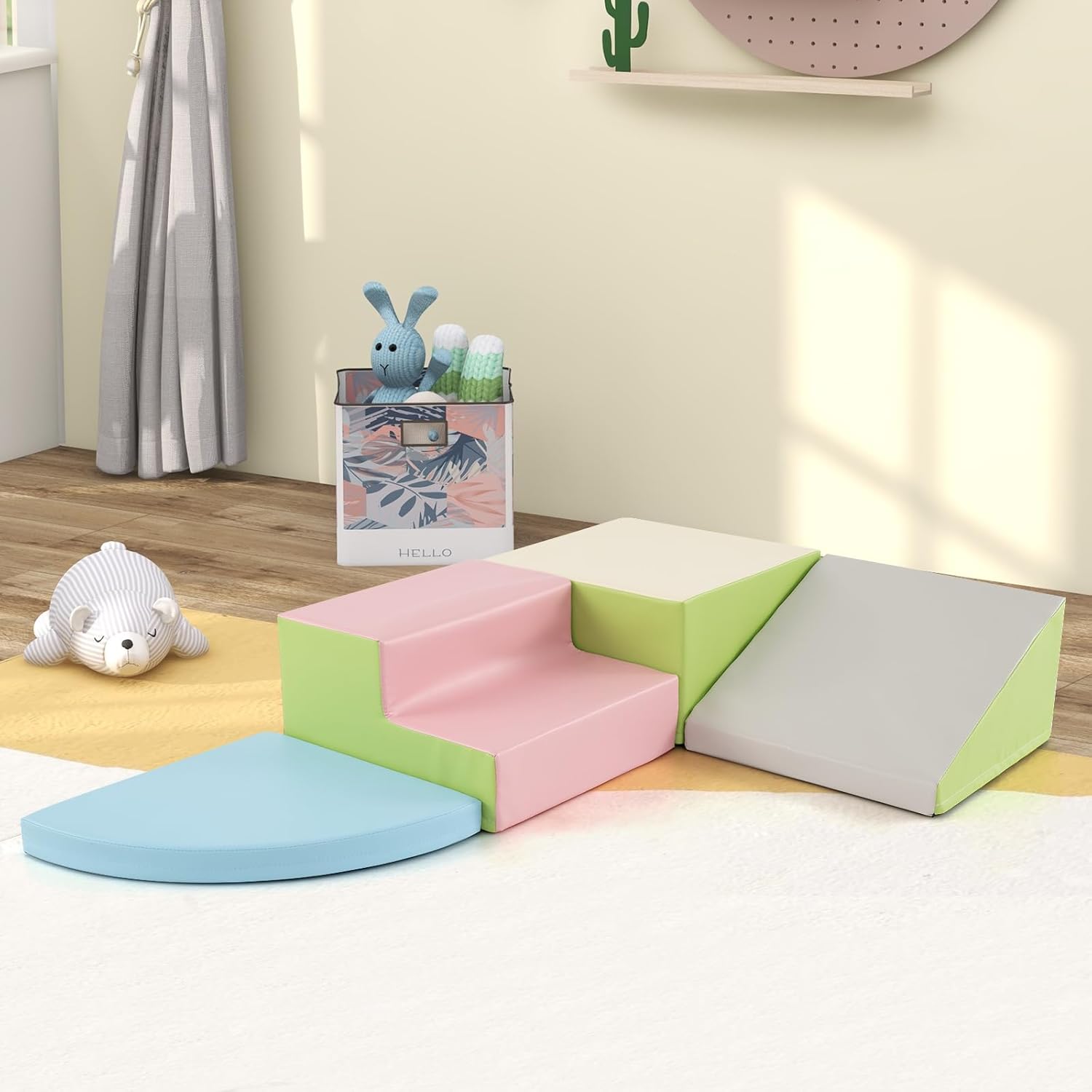 4 Pcs Parcours de Motricité Bébé, Mondule Moticité en Mousse EPE, Revêtement en Simili Cuir, pour Enfants 3 Ans+ ,pour Grimper, Ramper (Rose) - 9