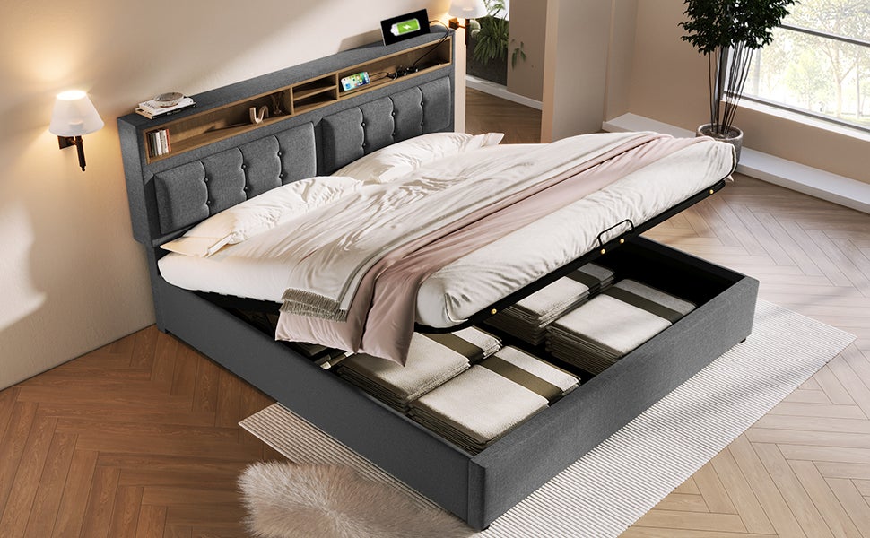 Lit rembourré lit double avec prise USB C fonction de charge tête de lit, lits de rangement cadre de lit en lin lit jeune 140x200 avec sommier à lat - 3