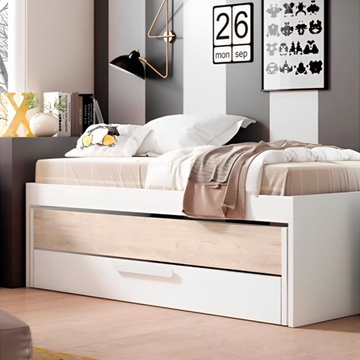 Cama nido Estelle cajón extraíble blanco mate/sahara 62x212x98 cm - 5