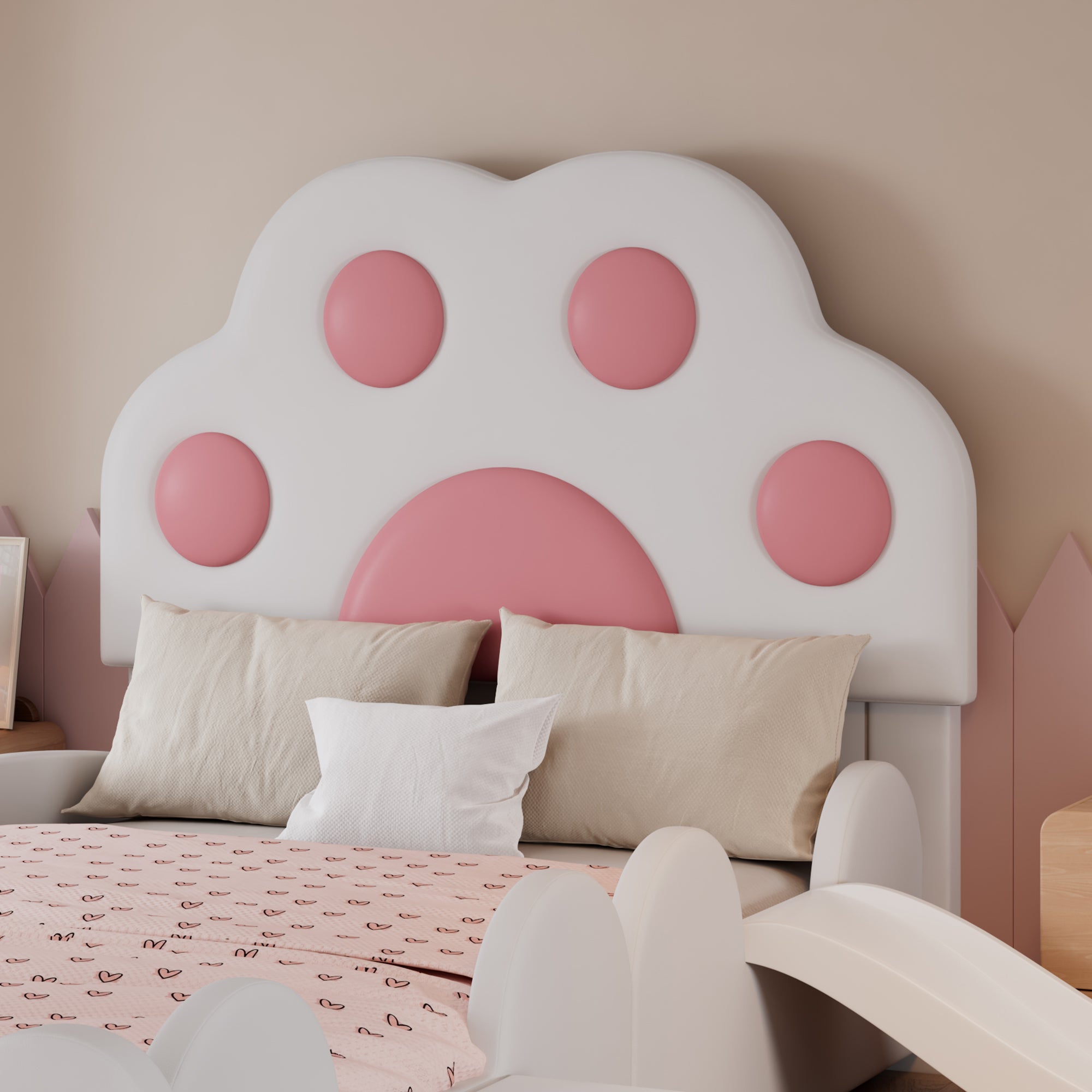 Wyściełane łóżko dziecięce 90x200 cm - zagłówek w kształcie kociej łapy - ze zjeżdżalnią i małymi schodkami dla dzieci - PU - biały + różowy
