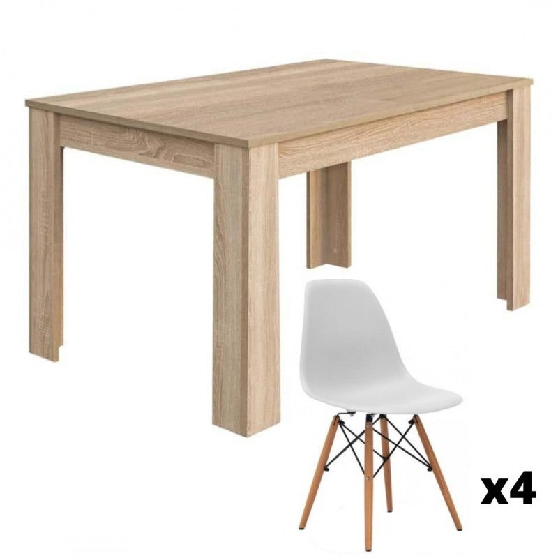Mobelcenter , Conjunto Mesa Comedor Extensible Kendra Y Juego De 4 Sillas, Color Roble Canadian, Sillas Y Patas Madera En Haya(P0025) Blanco , Leroy Merlin