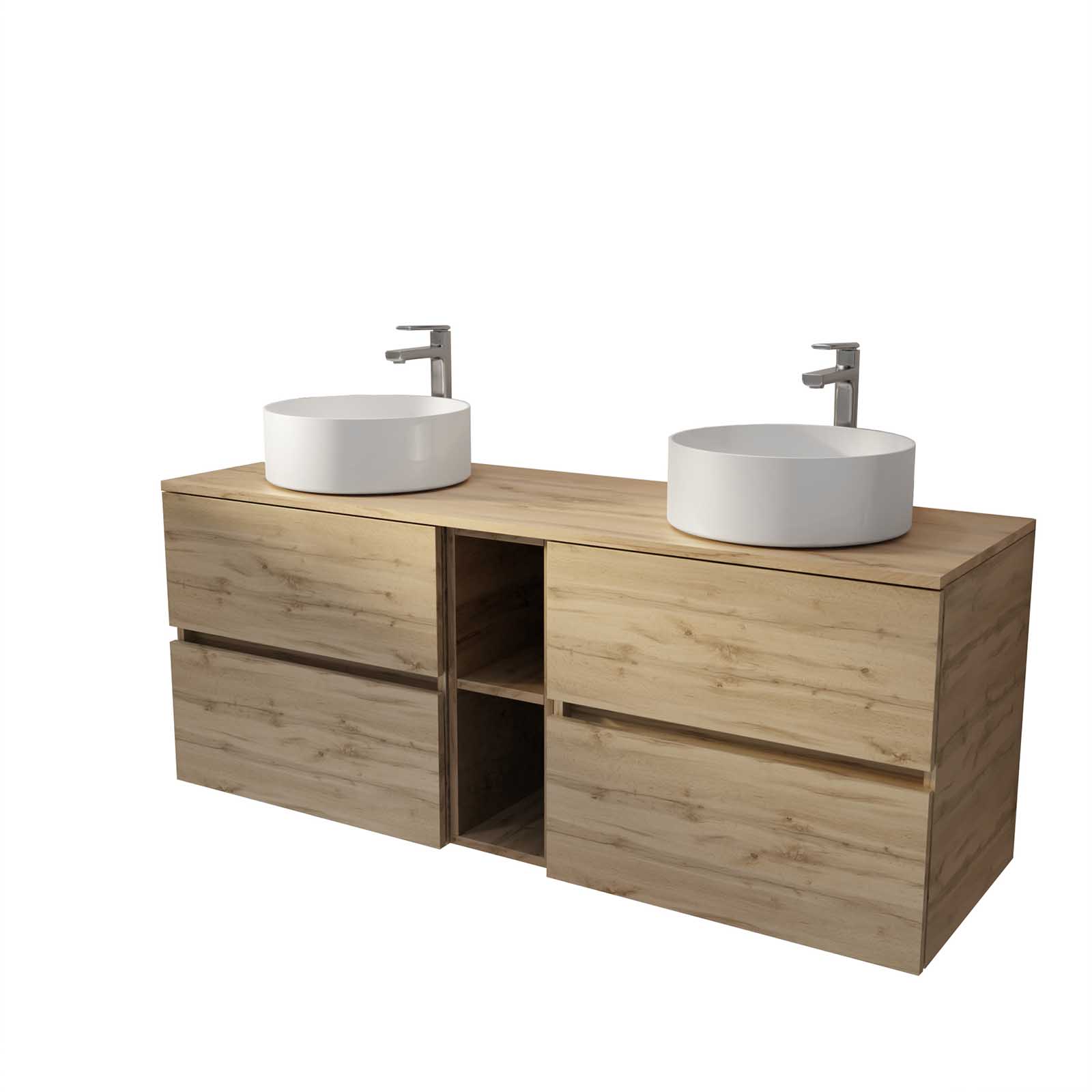 Meuble de Salle de Bains 140 TIMBER Décor Chêne 4 tiroirs et module - Vasques Blanches 36cm - 3