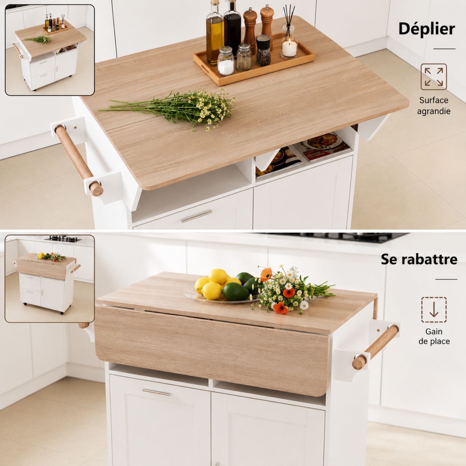 Îlot Central de Cuisine avec Plan de Travail Rabattable, 2 Tiroirs et Porte, Desserte de Cuisine à Roulette, 80x80x80.5, Blanc - 4