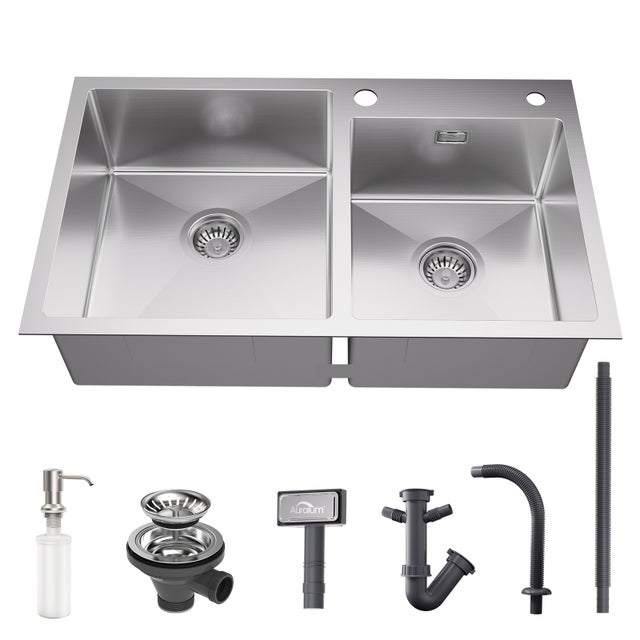 Évier 2 Bacs 75x45x19CM AuraLum Max Évier Cuisine en Inox 304 Évier à Encastrer Brossé avec Distributeur de savon et Ensemble de Drainage,EU Modèle