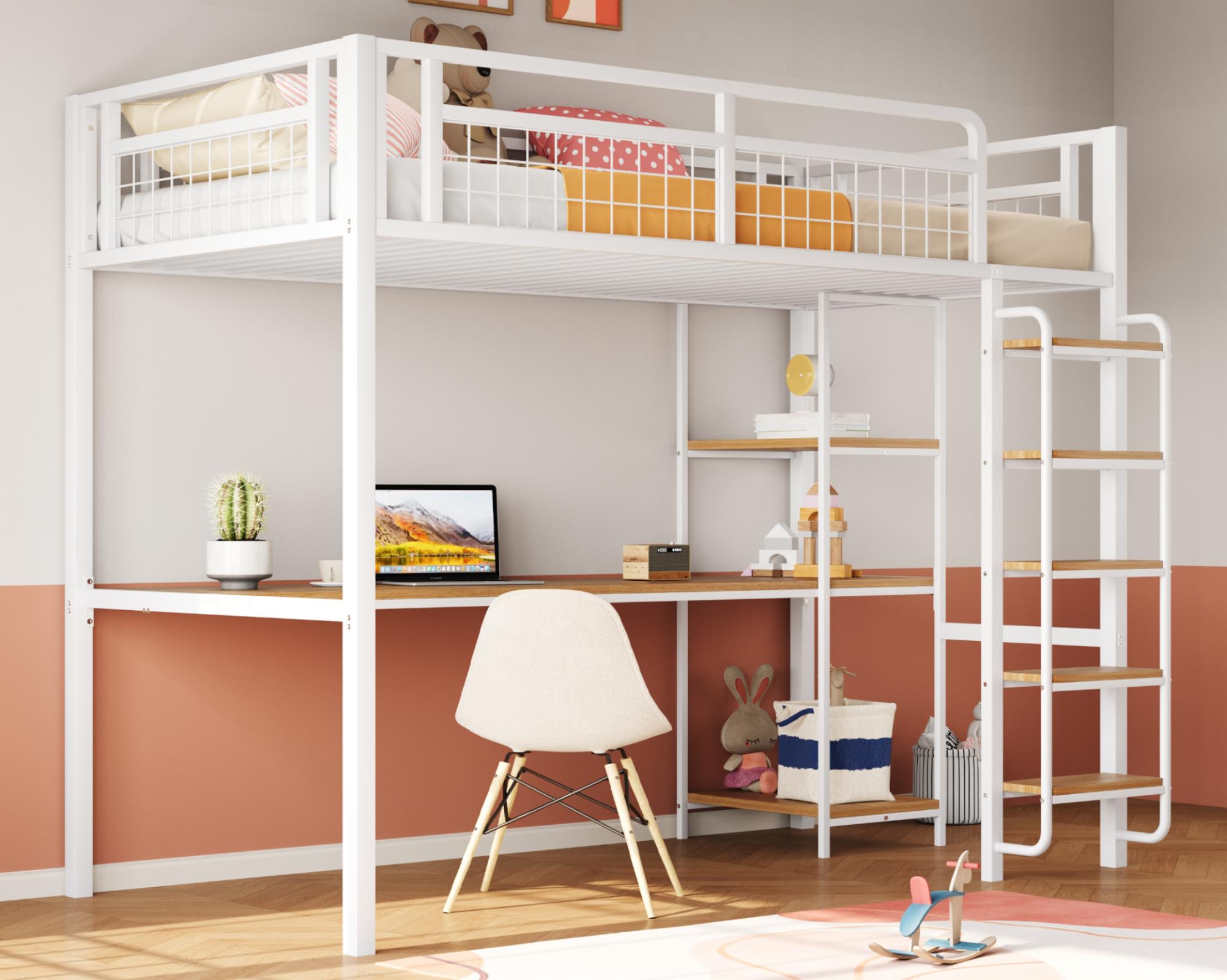 Lit Mezzanine 90 X 200 Cm Avec Escalier - Métal + Contreplaqué + MDF