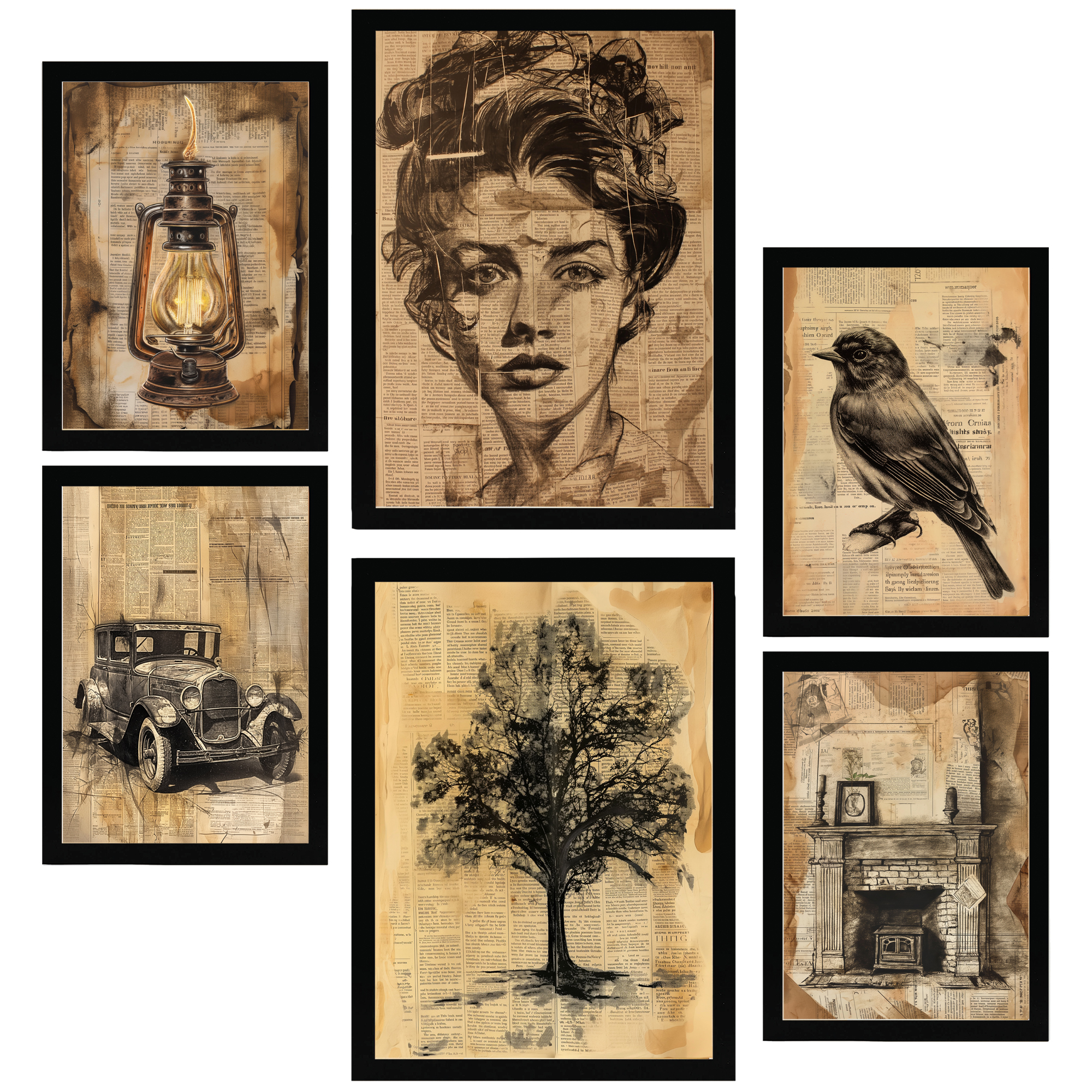 Set de 6 vintage life secrets. woman, bird car, home cuadros con ilustración de diseño para decorar. tienda. a3 y a4. marco negro