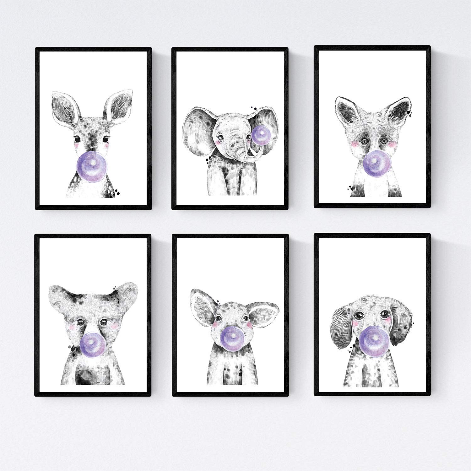 Set 6 posters animales bebes con chicle. ciervo cerdo elefante zorro oso perro. sin marco - a4