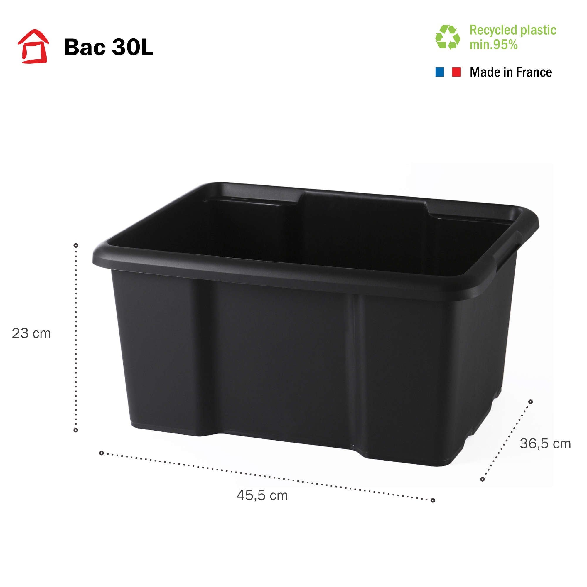 Lot de 10 bacs de rangement plastique 30L empilables - noir - 2