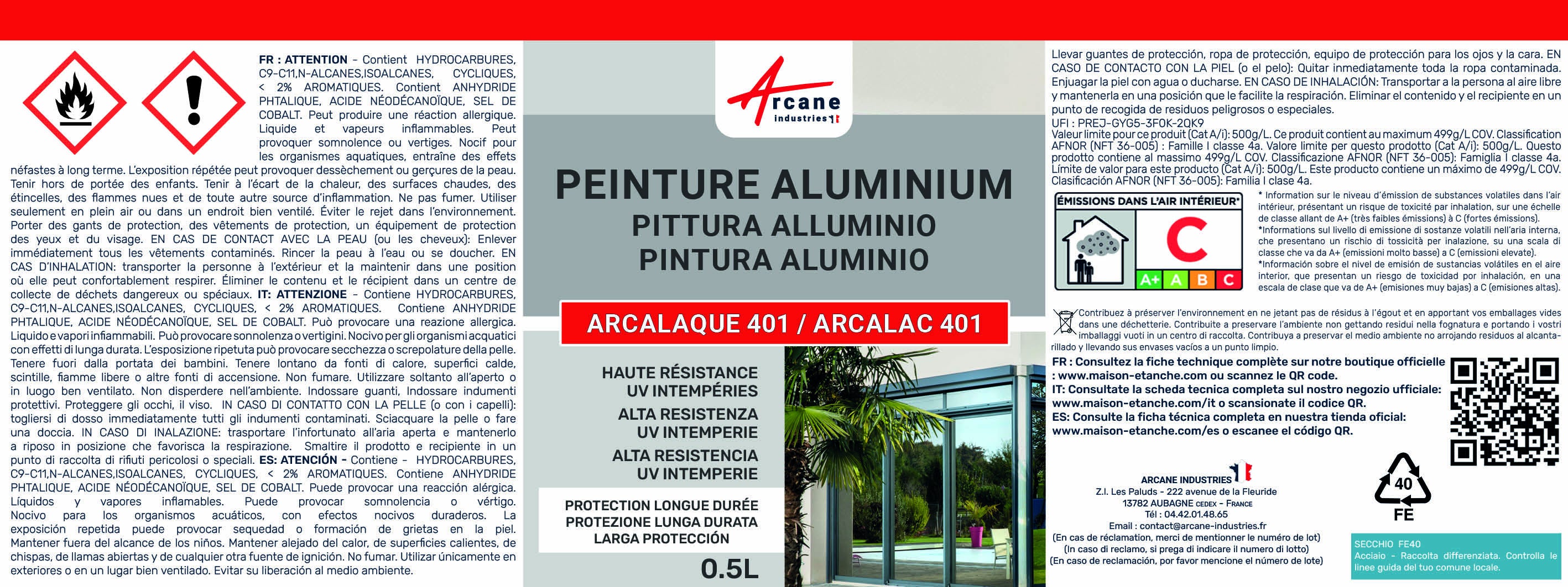 Peinture pour aluminium extérieur Arcalaque 401 : pour tole/volet/fenêtre Gris Anthracite - RAL 7016 - 0.5 L - ARCANE INDUSTRIES - 5