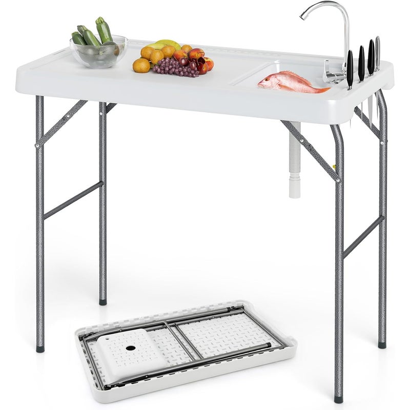 Składany Stół Ogrodowy z Kranem, do Kempingu, Pikniku, Grillowania, Składana Konstrukcja, Rowki do Przechowywania Przyborów Kuchennych