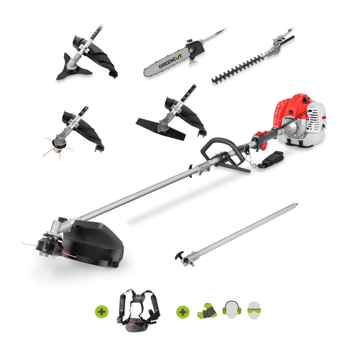 Herramienta multifuncional 65cc 4,9hp motor de gasolina de 2 tiempos, 6 accesorios, doble empuñadura, arnés de seguridad - Greencut GM650X-6 | Leroy Merlin