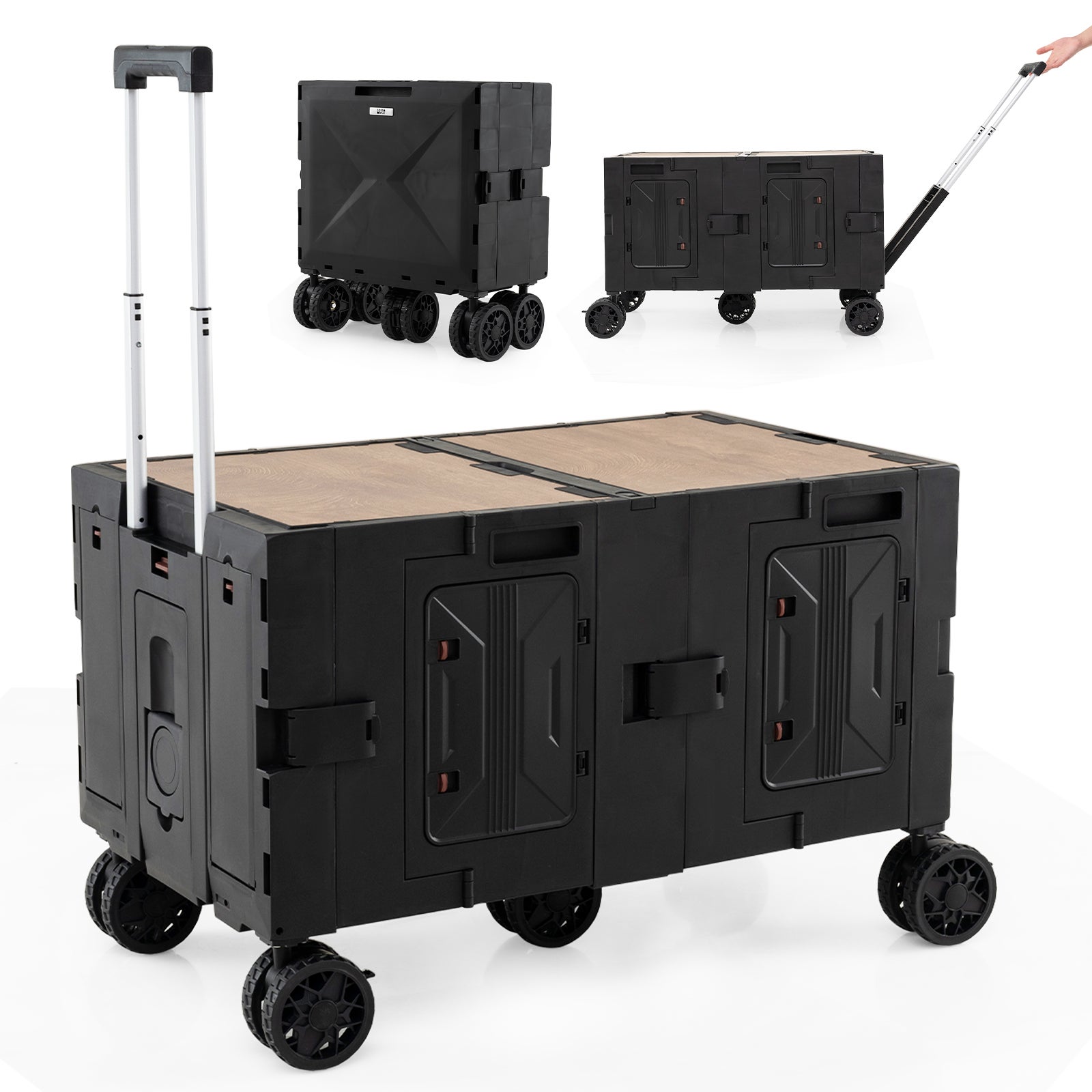 COSTWAY Chariot de Plage Pliable 170 L, Chariot de Transport avec Guidon Réglable et Poche de Rangement Porte-Bouteilles, Chariot Utilitaire, Café - Gamm vert