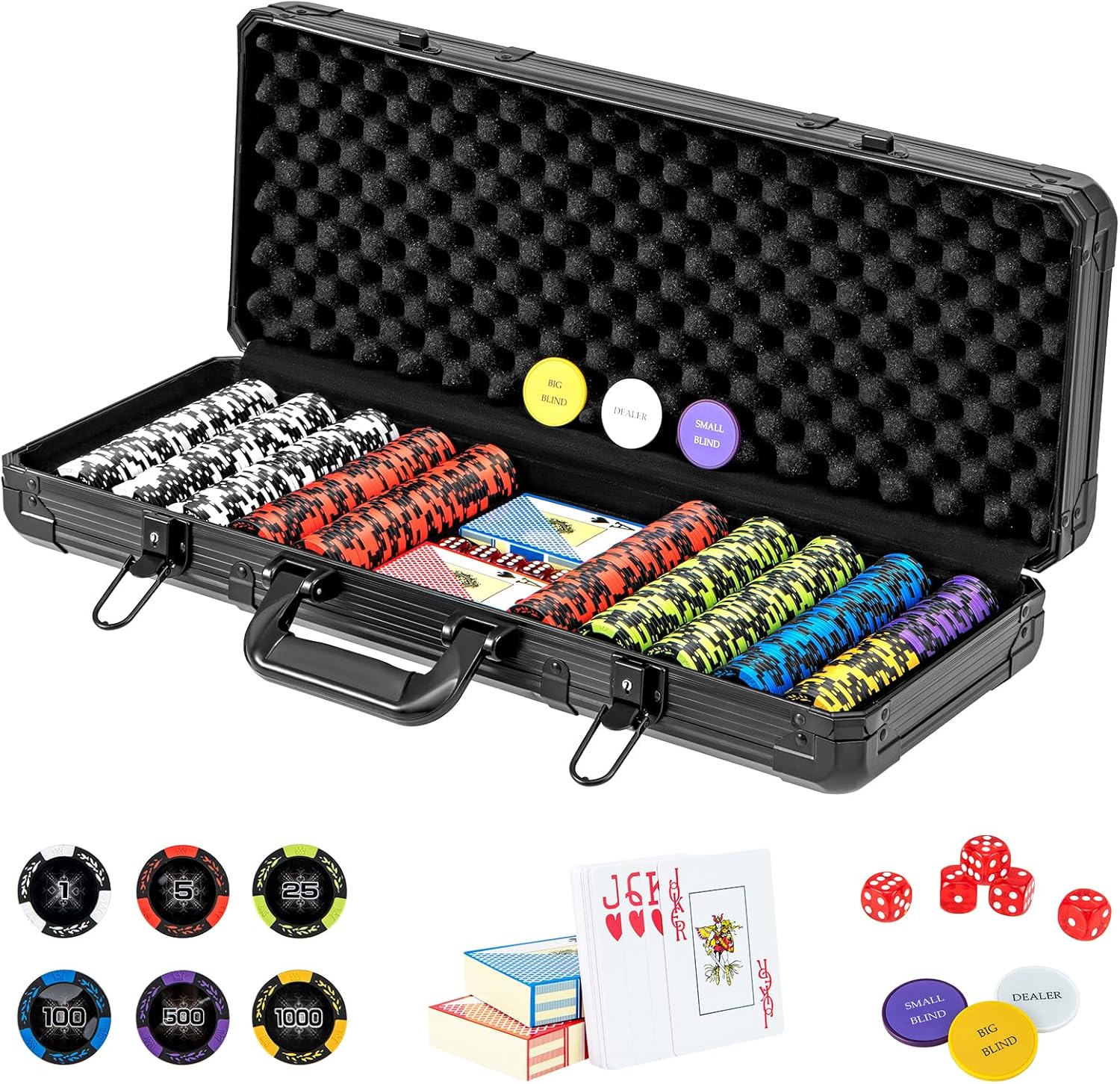 Walizka Pokerowa z 500 Żetonami Texas Holdem 14 Gramów, Aluminiowa Walizka, Gry Karciane, Krupierzy, do Kasyn, Spotkań Towarzyskich (500 Żetonów)