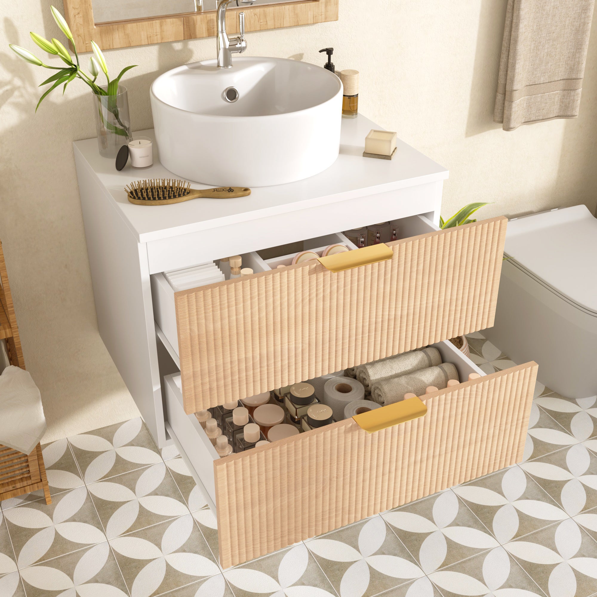 Wisząca szafka łazienkowa z okrągłą ceramiczną umywalką i 2 szufladami – płyta MDF i metalowe uchwyty – kolor naturalny