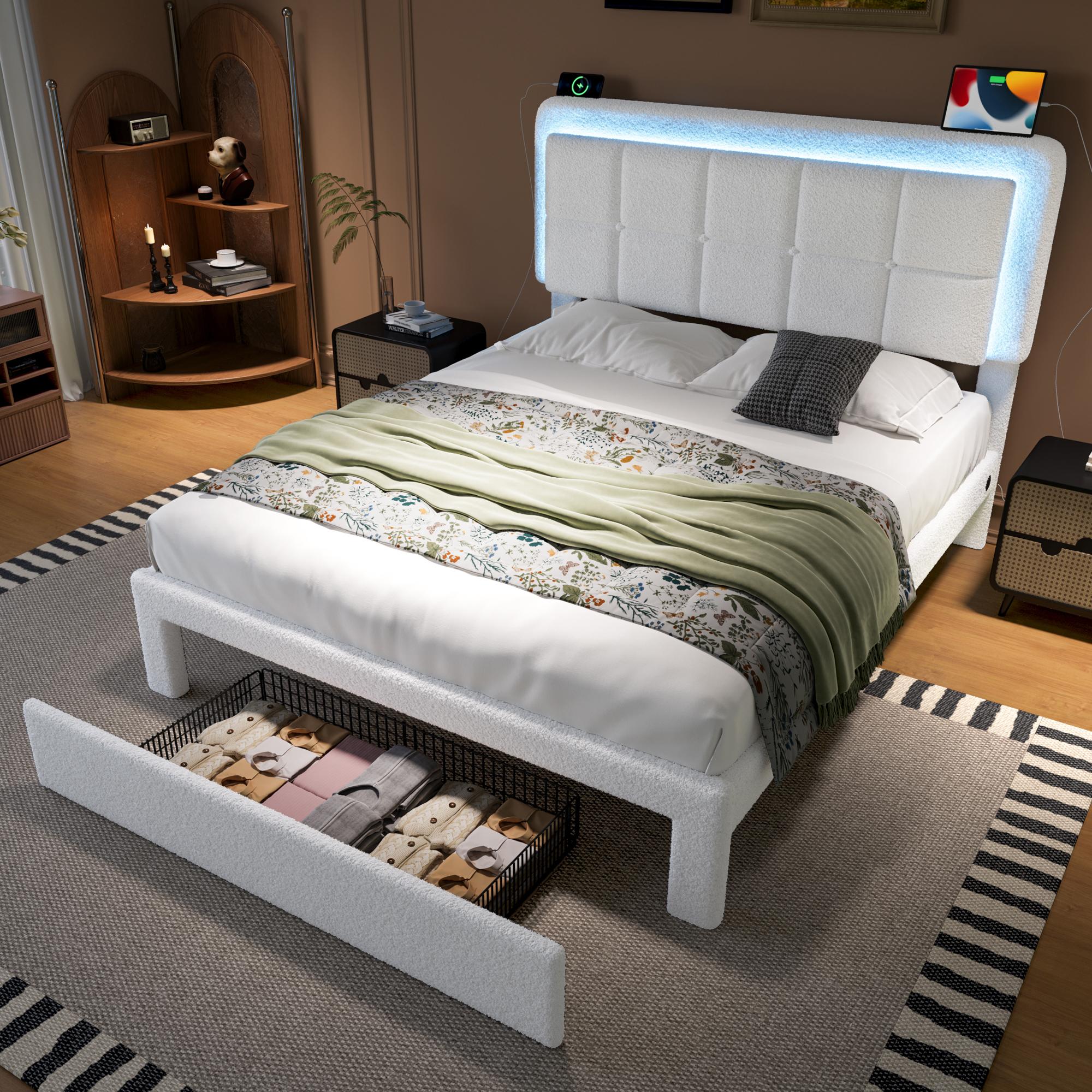 Łóżko dla dorosłych o wymiarach 140 x 200 cm z miękkim pluszowym pokrowcem, regulowanym zagłówkiem z diodami LED i portami USB