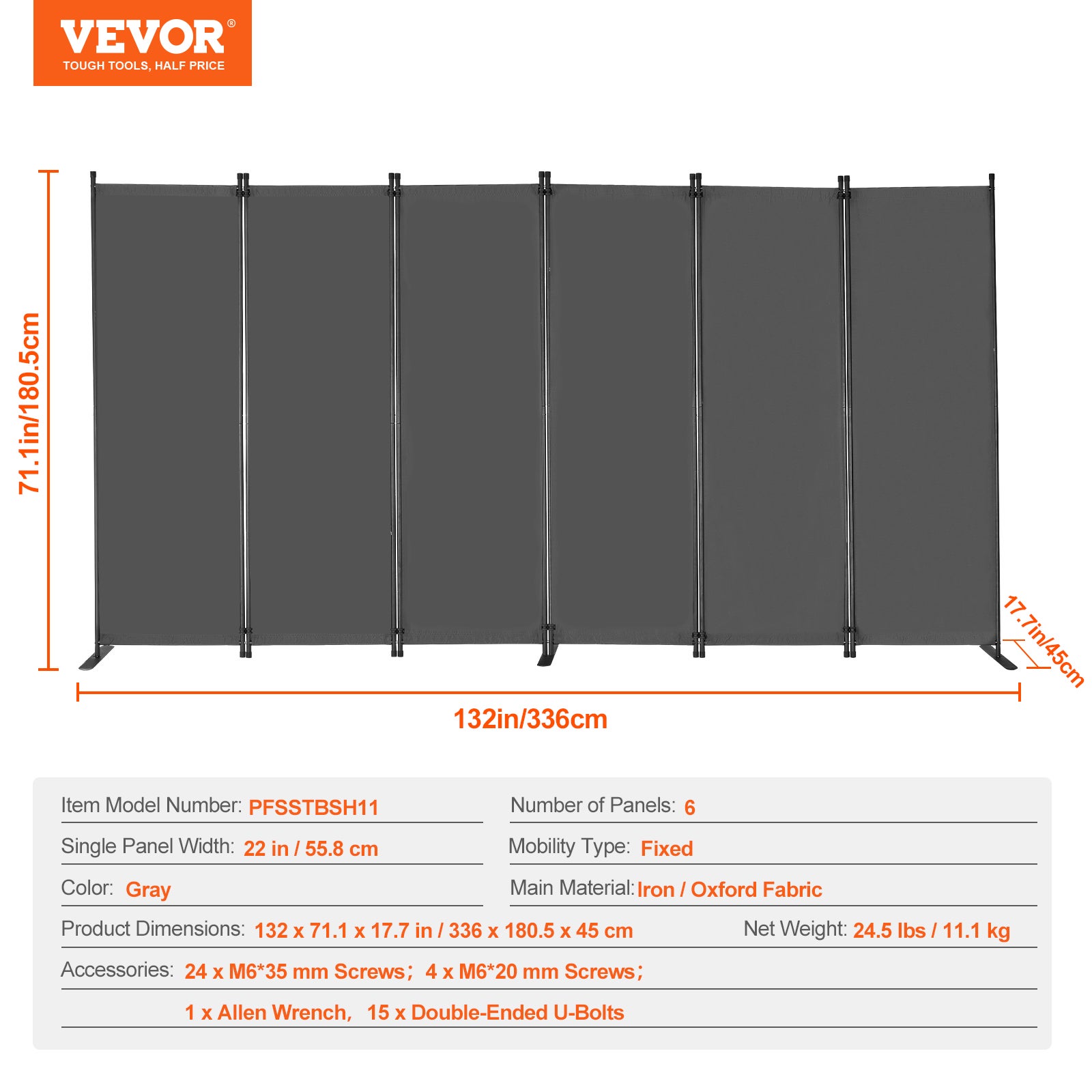 Paravent Multifonctionnel VEVOR 6 Panneaux,Cloison Séparatrice 311 x 180,5 cm,Pliable,Brise-vue pour Bureau,Chambre,Salon,Gris - 7