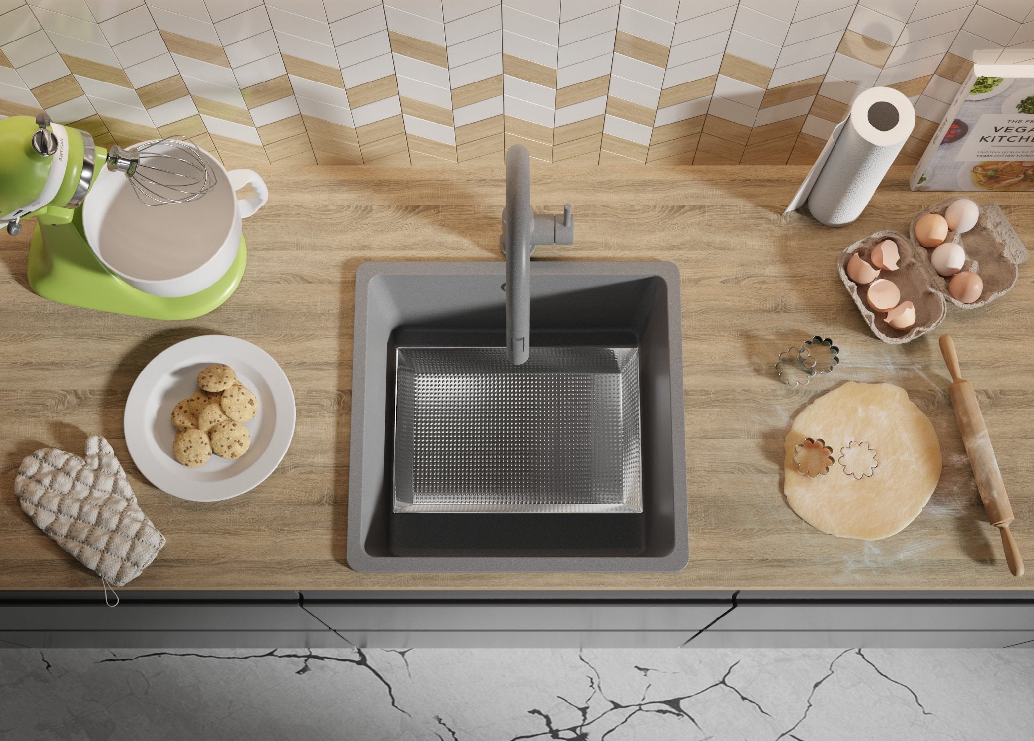Evier Cuisine en Granit Gris 46x44cm, Lavabo 1 bac + Kit de Vidage, Évier à Encastrer au meuble 50cm - Venise Slim Easy PRIMAGRAN - 8
