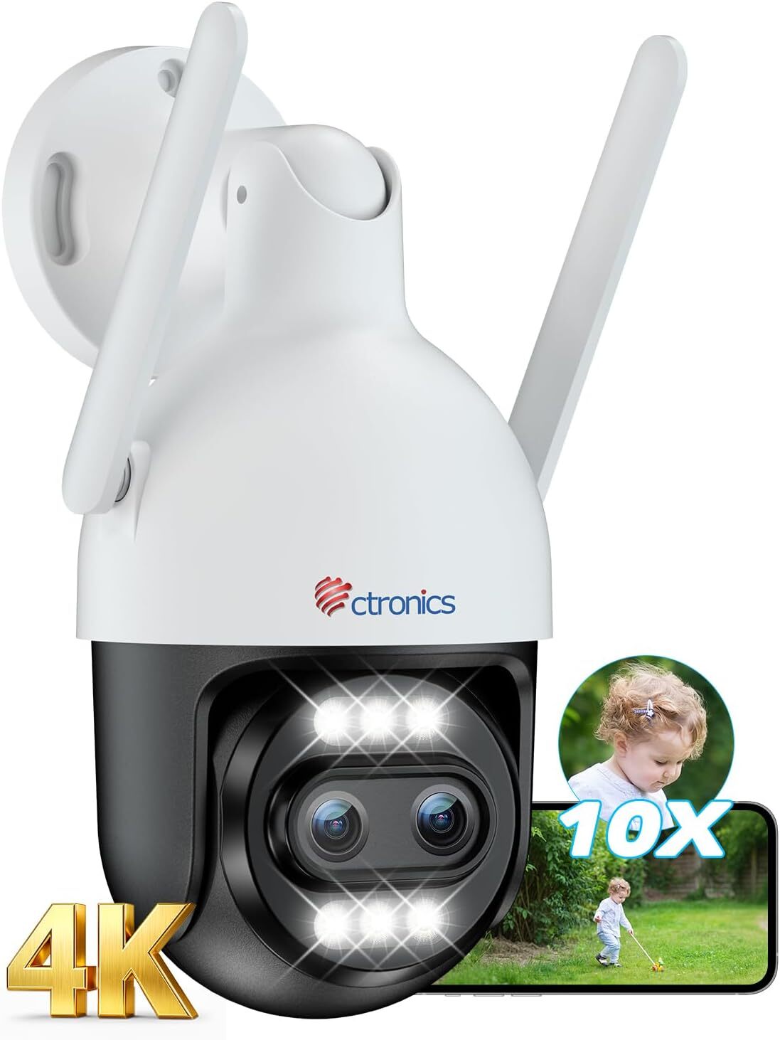 Ctronics Zewnętrzna Kamera Monitoringu 4K z Hybrydowym Zoomem 10X – Podwójny Obiektyw, WiFi 2,4/5GHz, Wykrywanie Ludzi/Pojazdów/Zwierząt