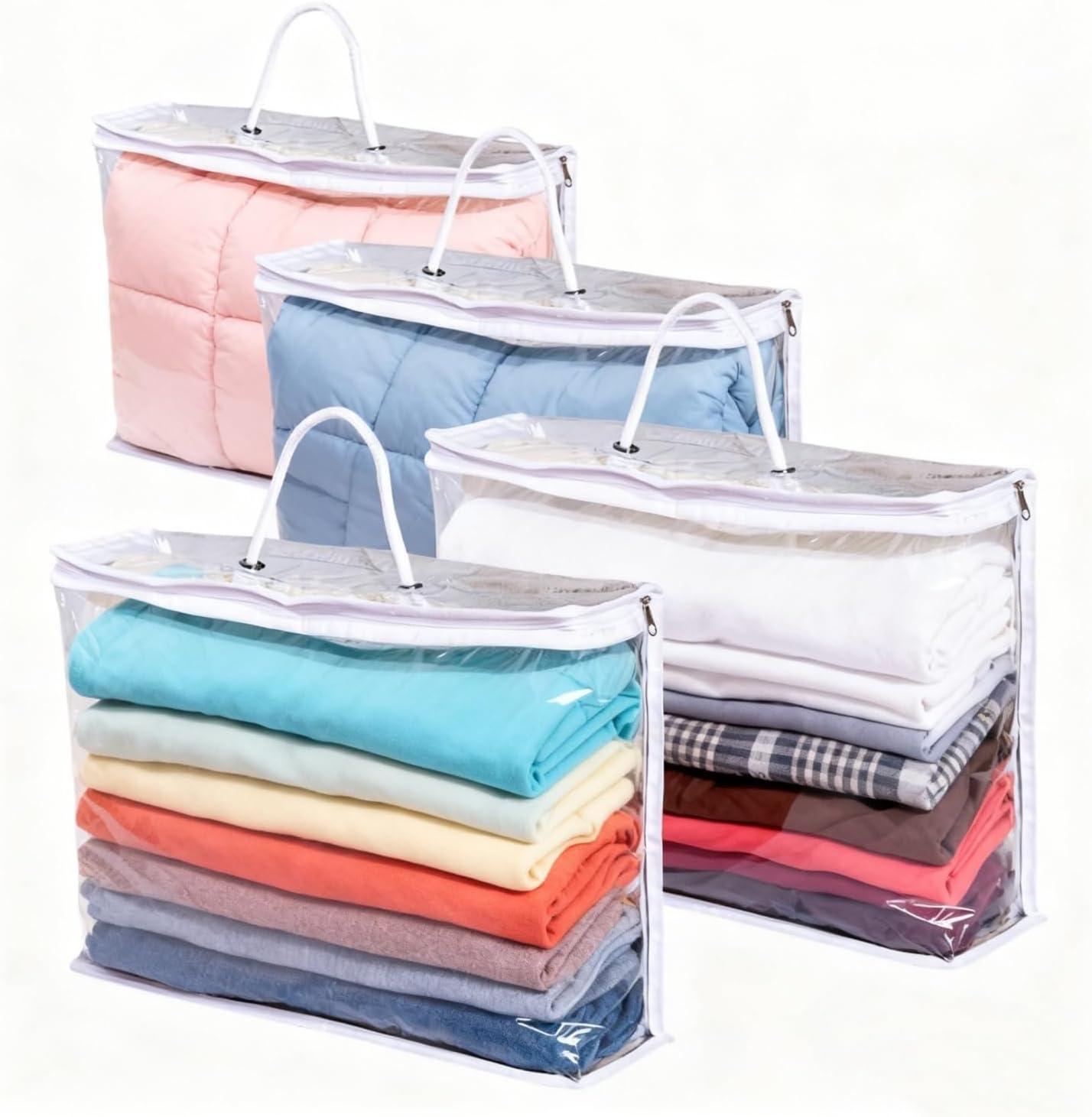 Zestaw 4 przezroczystych toreb do przechowywania z zamkiem błyskawicznym i wzmocnionymi uchwytami na ubrania, koce, kołdry