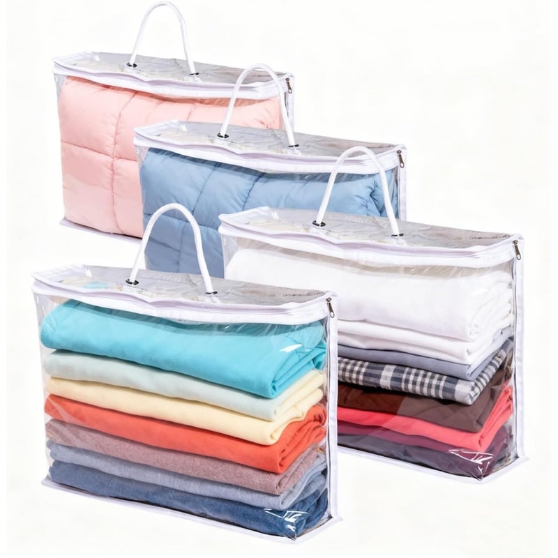 Zestaw 4 przezroczystych toreb do przechowywania z zamkiem błyskawicznym i wzmocnionymi uchwytami na ubrania, koce, kołdry
