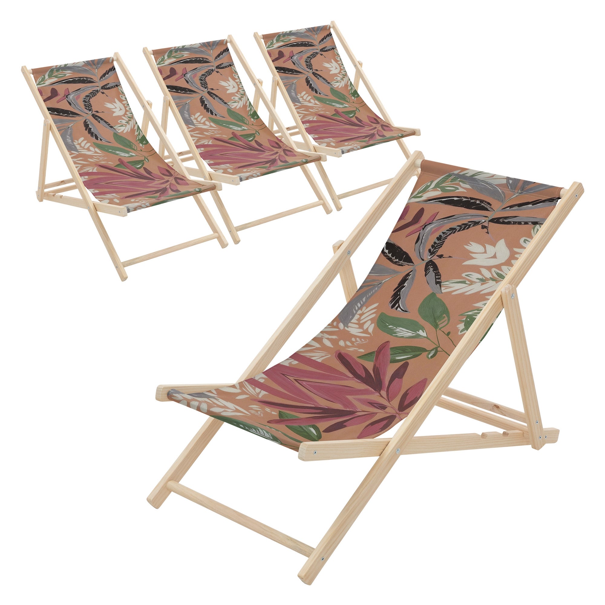 ECD Germany 4x leżak plażowy składany floral drewniany do 120 kg 3-pozycyjny regulowany oparcie krzesło relaksacyjne balkon taras ogród komfortowy