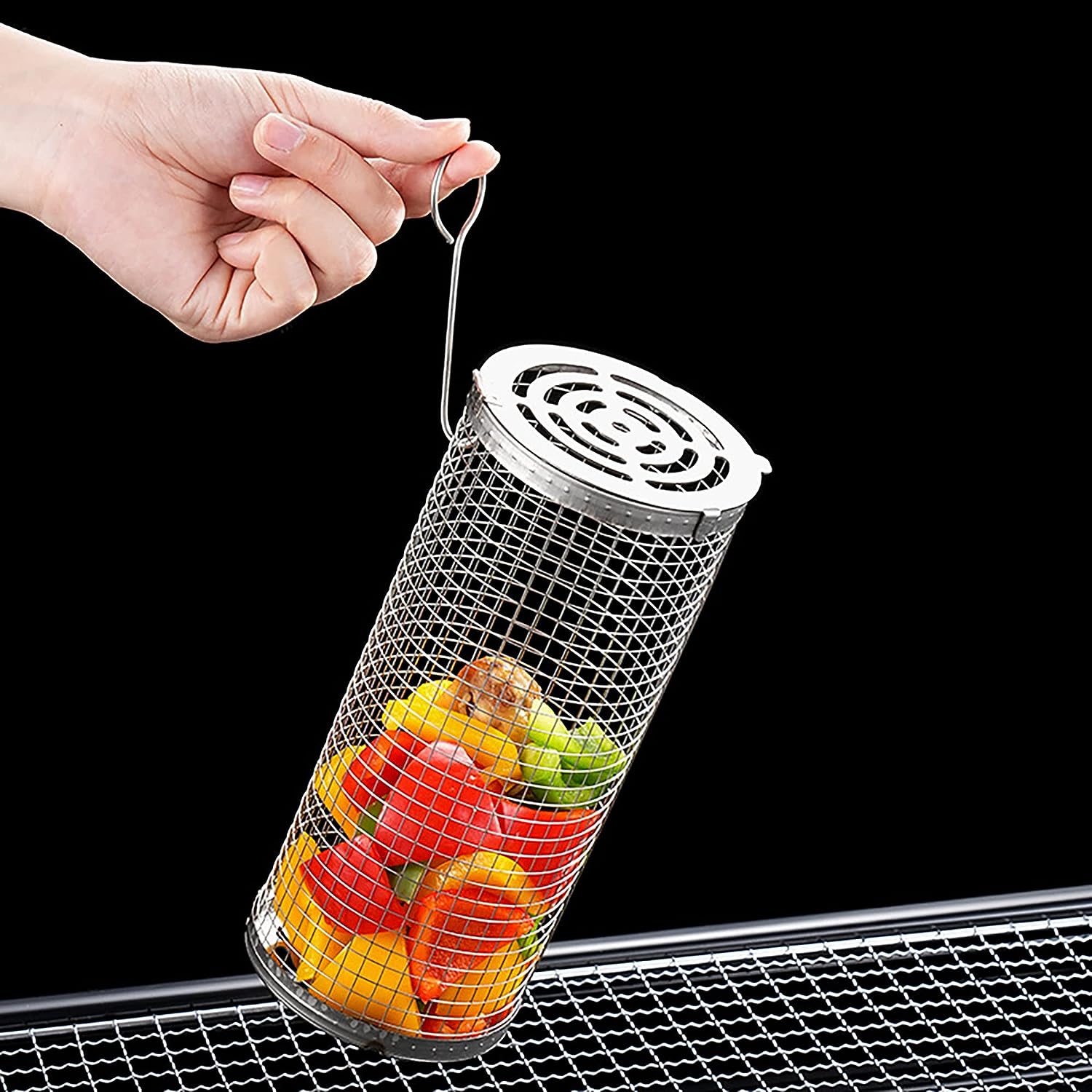 Cestino per griglia per barbecue da 2 pezzi, rete cilindrica per griglia in acciaio inossidabile per verdure e carne 9,5 x 19 cm - 5