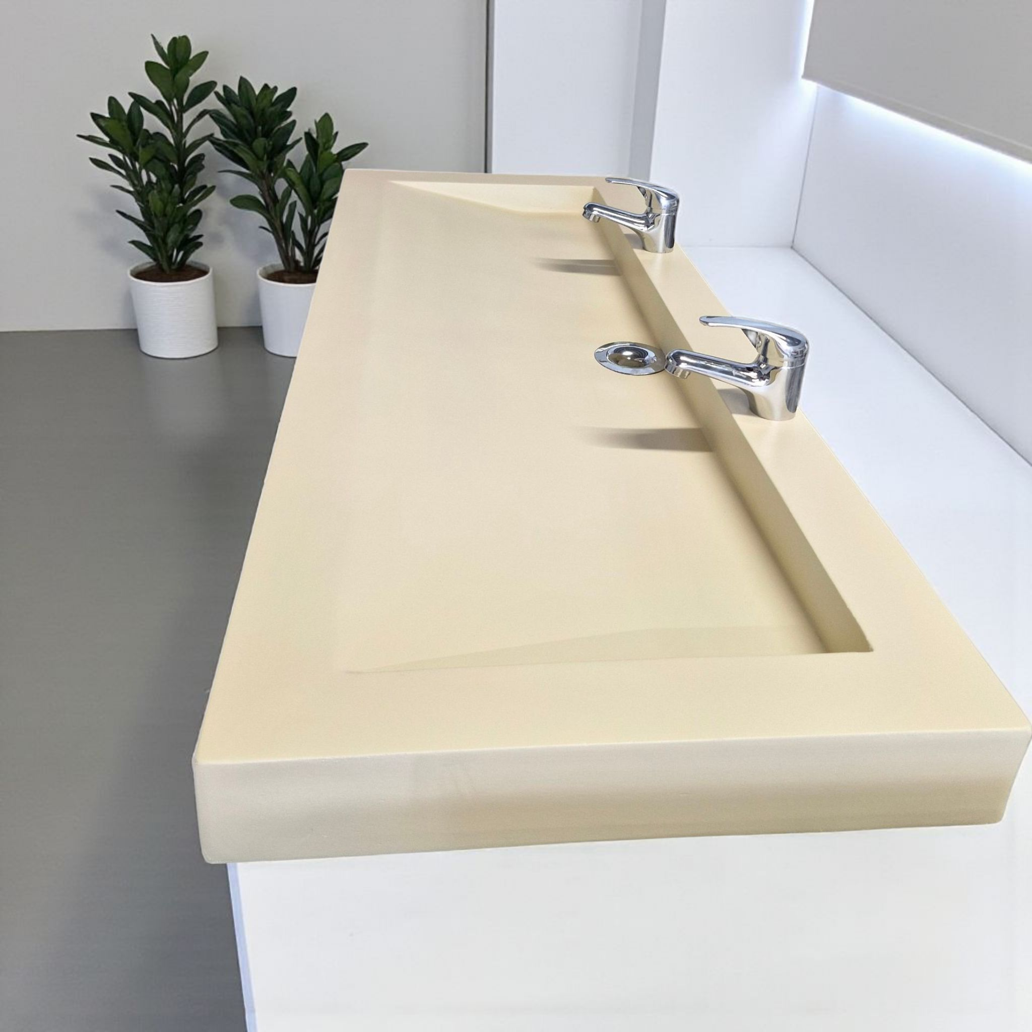 Plan double vasque beige 100x47x8 édition céleste en béton fibré cimenté , fabriqué artisanalement en France par Gakeal - 4