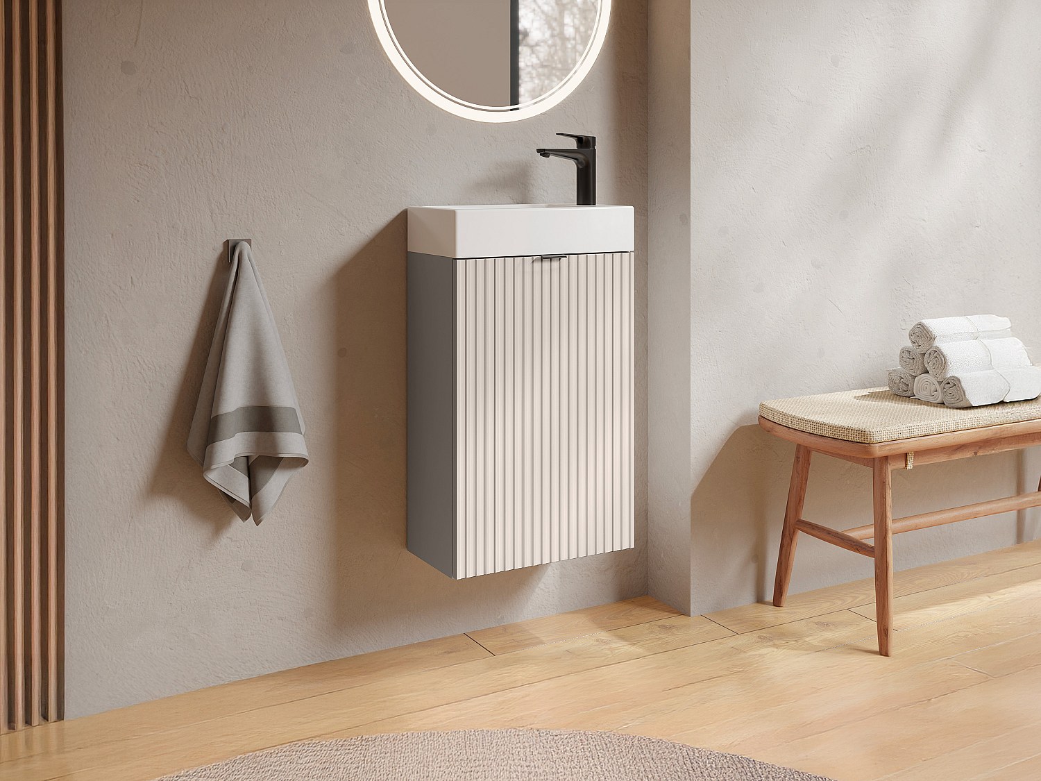 Szafka pod umywalkę ze strukturalnym wykończeniem i odwracalnymi drzwiami, beżowa - W60 x S40 x G22 - VAHIRA