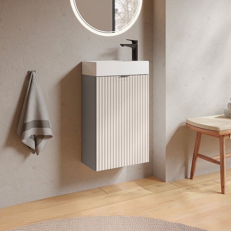 Szafka pod umywalkę ze strukturalnym wykończeniem i odwracalnymi drzwiami, beżowa - W60 x S40 x G22 - VAHIRA