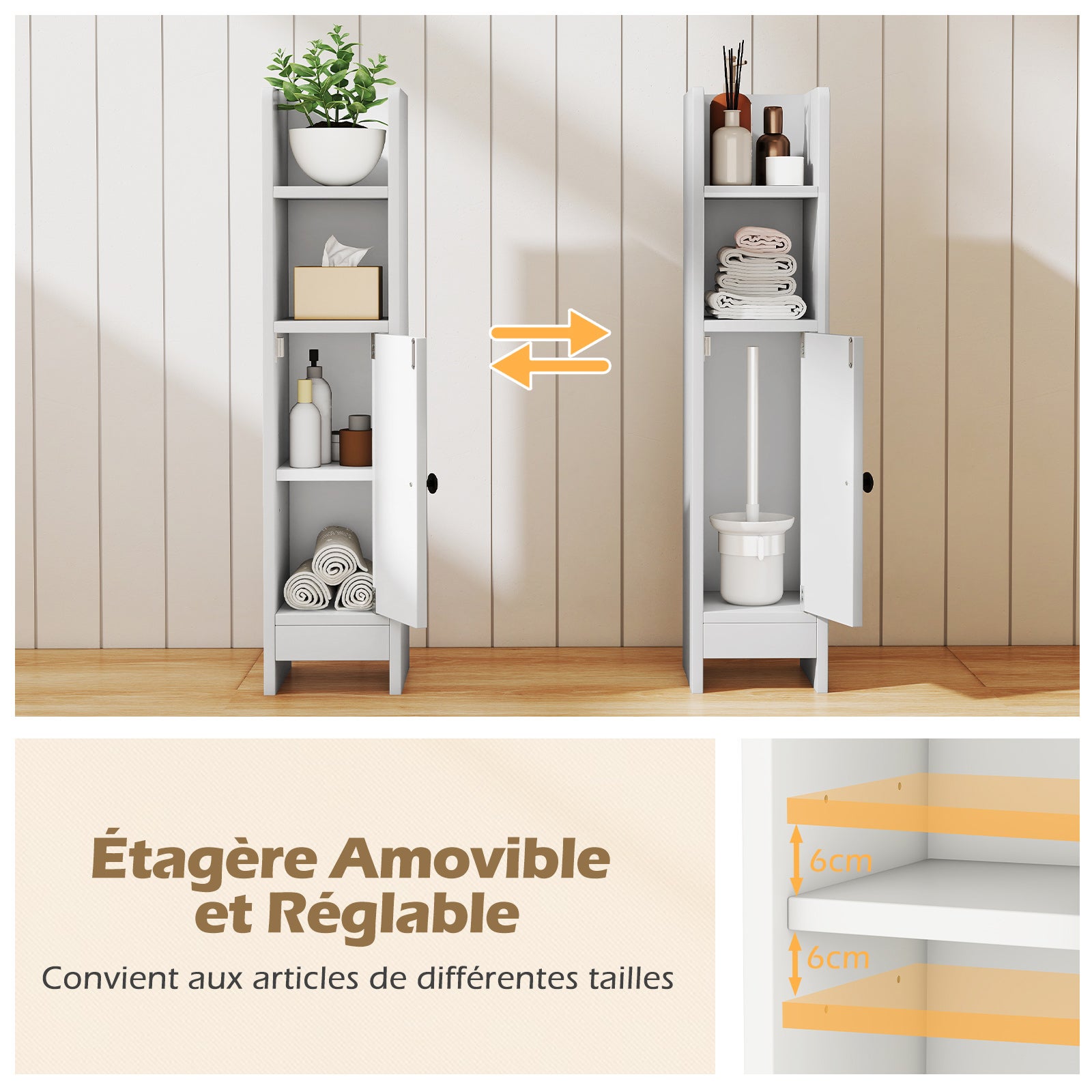 Colonne de Salle de Bain, Petit Armoire d'angle Etroit pour Papier Toilette avec Porte & Étagère Réglable, Gain de Place, 20 x 18 x 80 cm, Blanc - 4