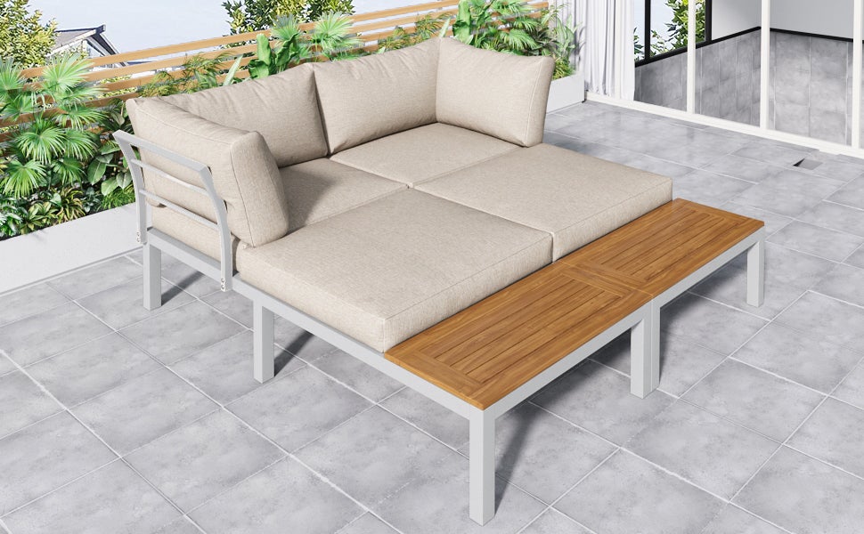 Salon de jardin modulable en bois d'acacia : 1 canapé d'angle + 2 table d'appoint + 1 table basse - Beige + marron - 8