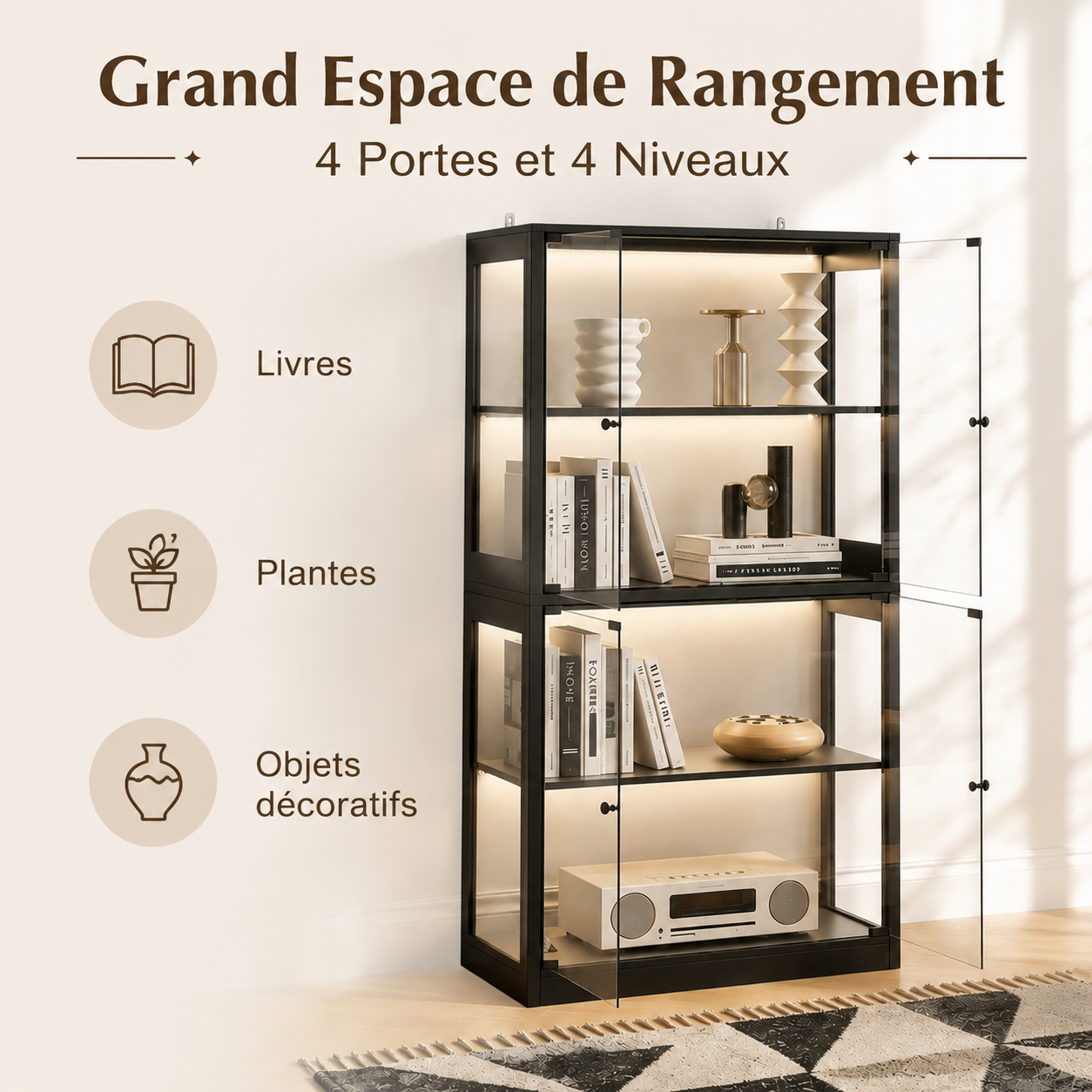 Vitrine Armoire 4 portes avec Lumière Intelligente et Boîtier intelligent, Salon et Chambre, 80x35x165, Noir - 4