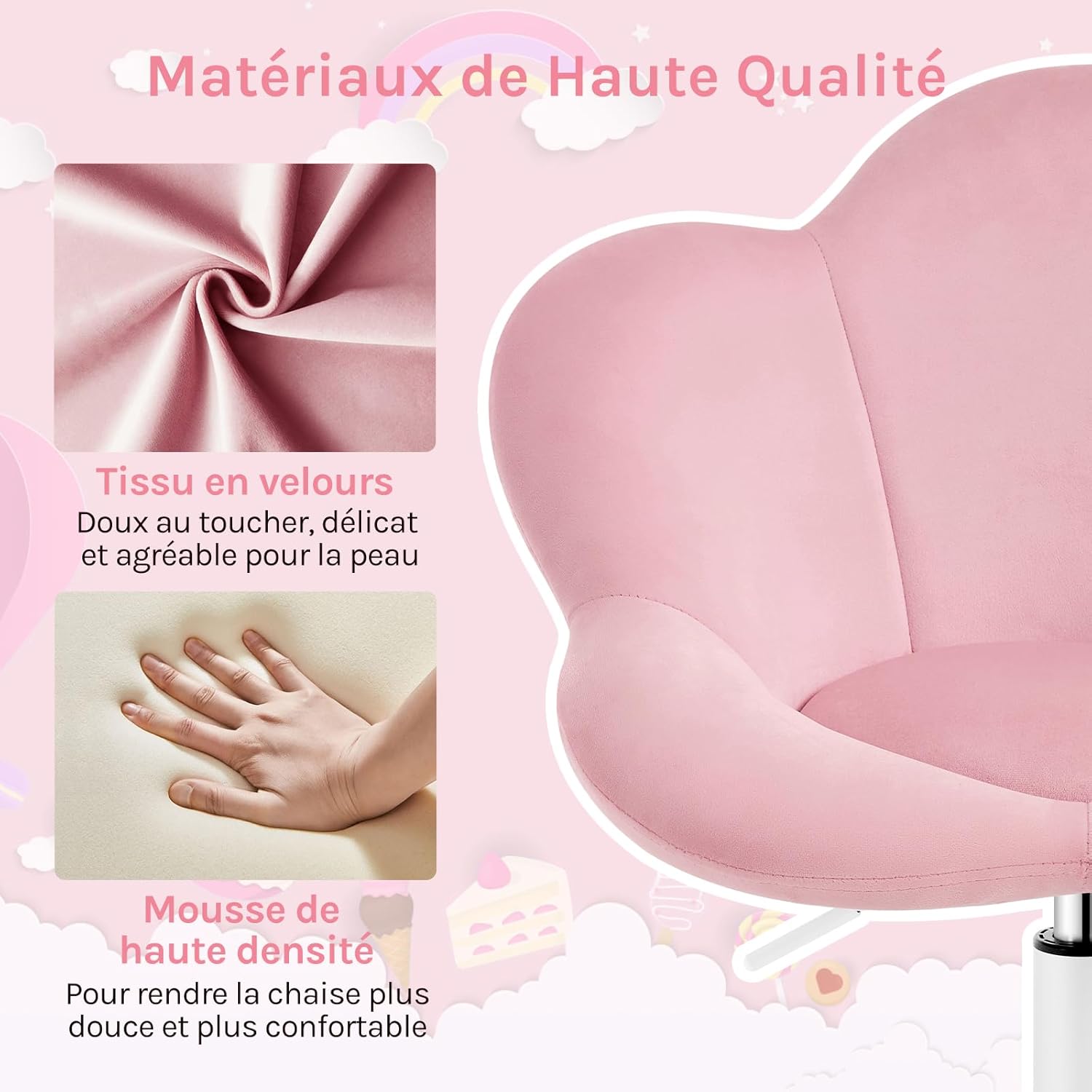 Chaise Bureau Enfant WOLTU, Fauteuil Ergonomique, en Forme de Pétale, Hauteur Réglable, Rose Clair - 3