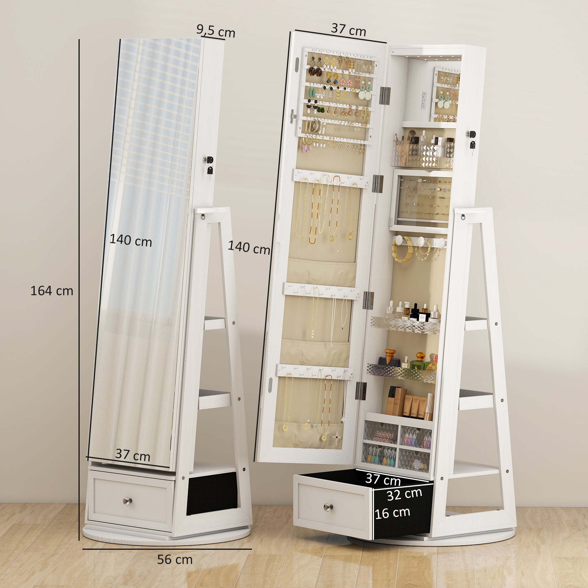 Espelho Giratório 360° com Iluminação LED e Organizador de Jóias 56x56x164cm Branco - 2