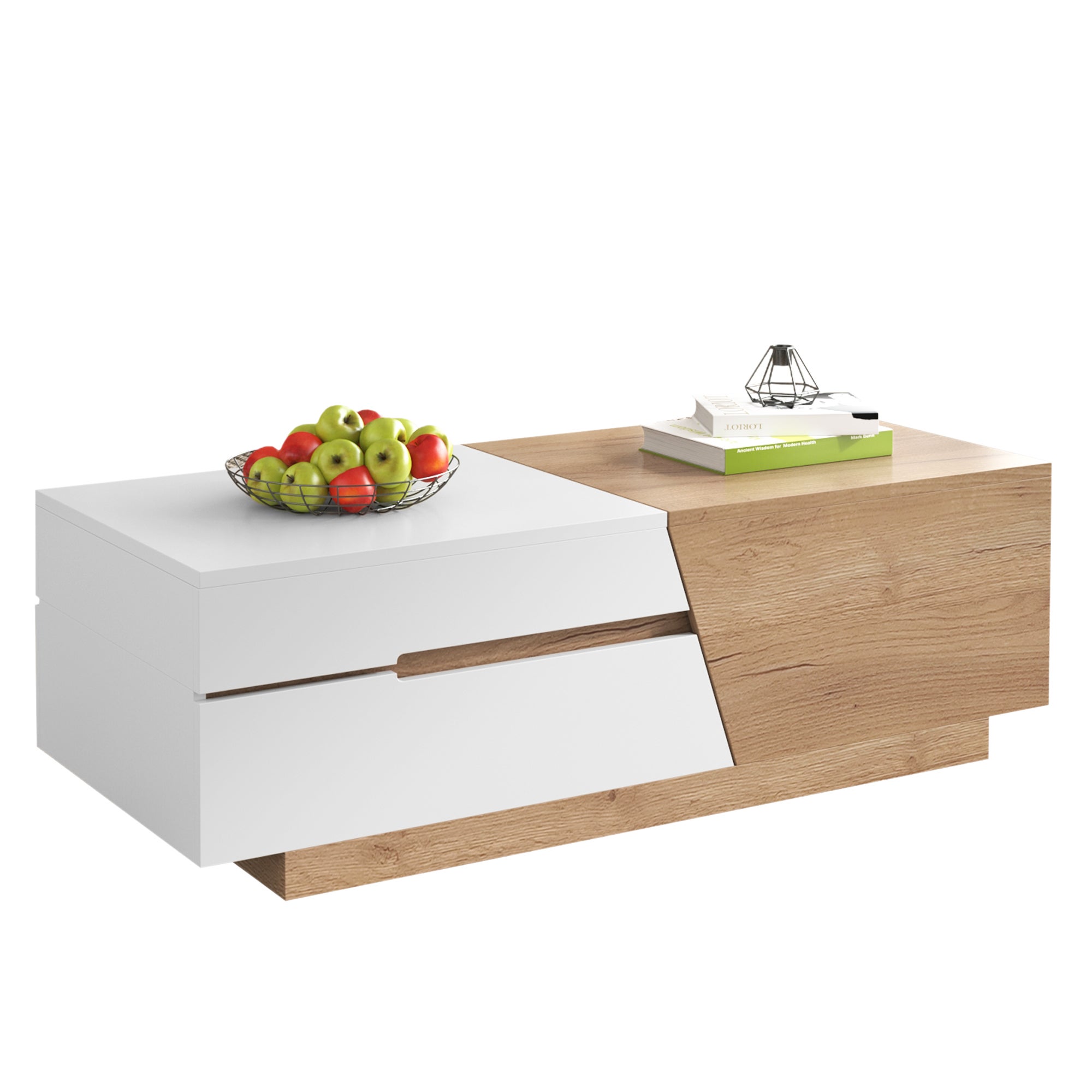 Table basse extensible avec 2 tiroirs - 120 x 50 x 37.5 cm - Panneaux de particules - Blanc + naturel - 7