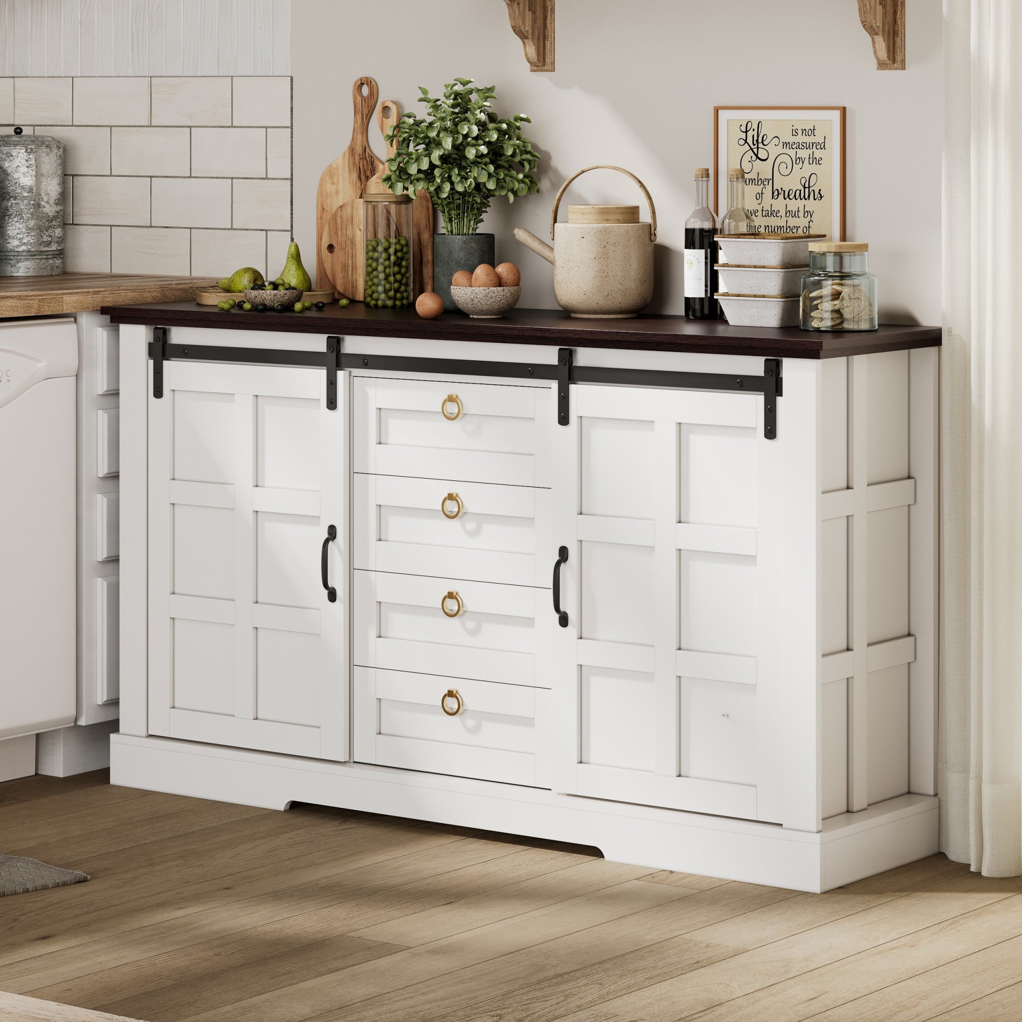 Kredens kuchenny z 2 drzwiami przesuwnymi i 3 szufladami w środku - 150 x 40 x 85 cm - Płyta MDF - Styl rustykalny - Biały