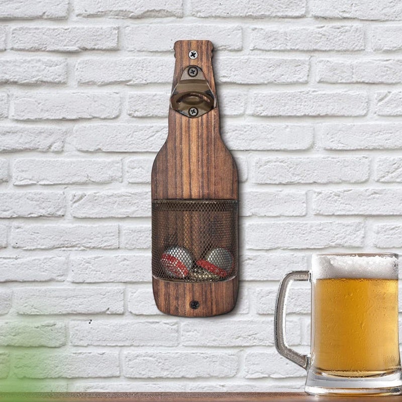 Décapsuleur mural avec récupérateur de capsules, design rustique en bois, forme bouteille de bière - 2