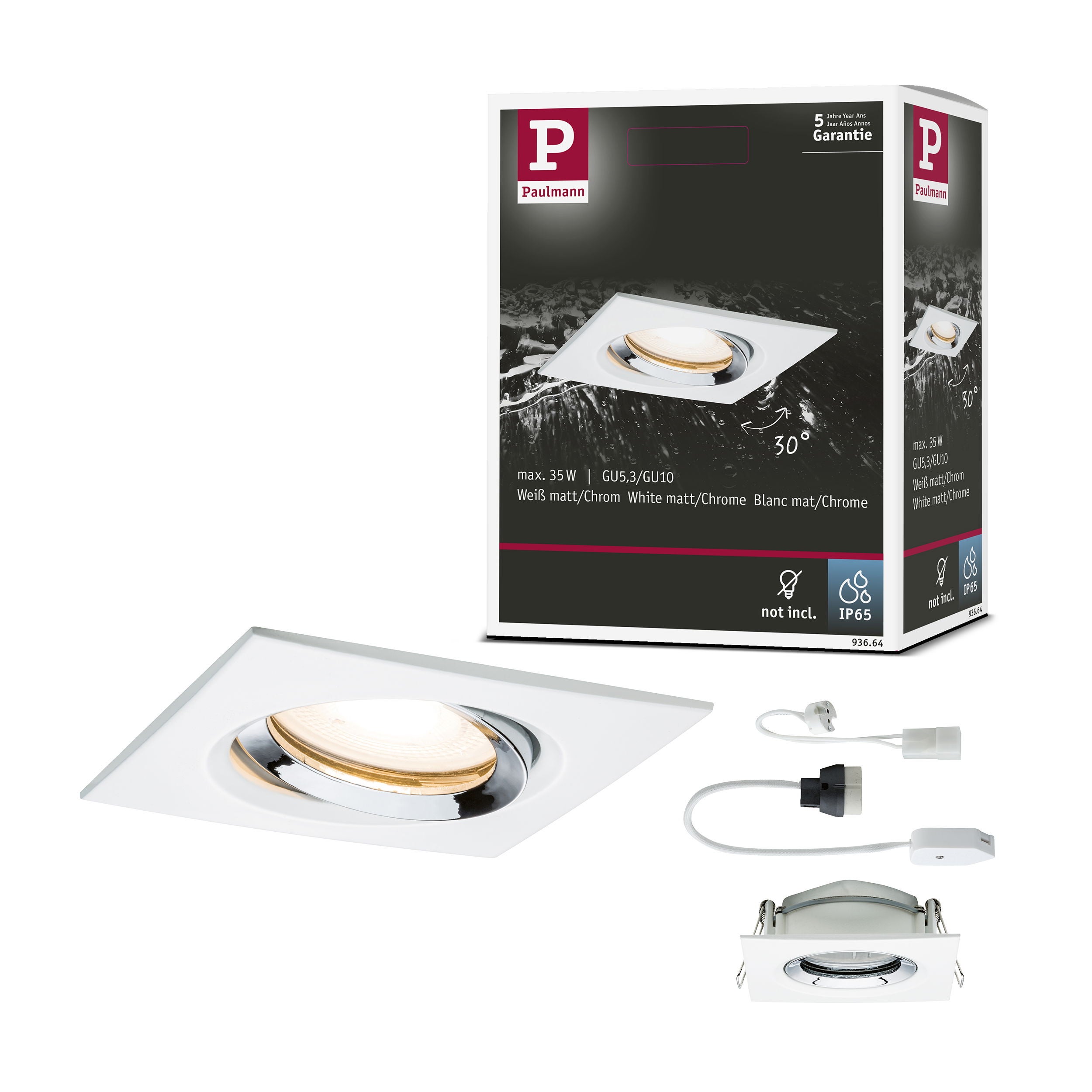 Spot encastré Nova Plus orientable IP65 carré 93x93mm 30° GU5,3 / GU10 max. 35W 230/12V gradable Blanc dépoli Chrome - 7