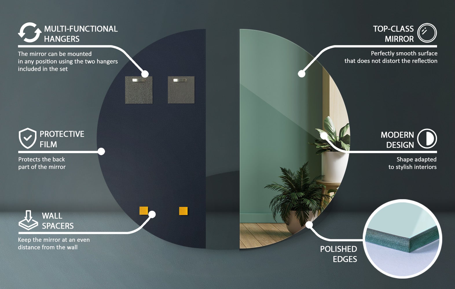 Miroir Demi-Rond Premium | 30 x 60 cm | Miroir Design pour Salon Contemporain - 4
