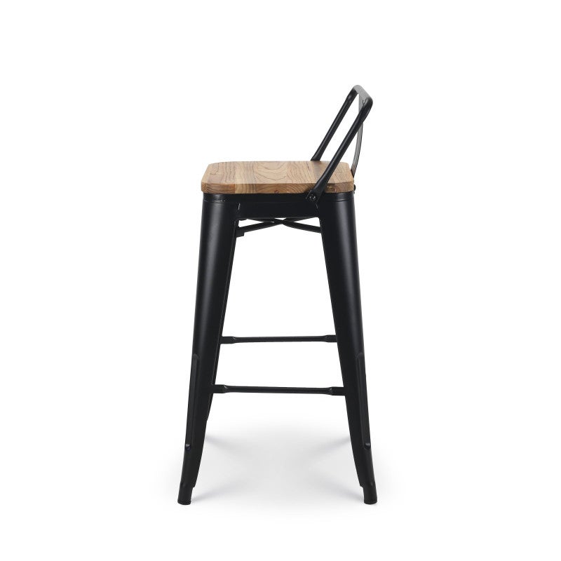 Tabouret de bar en métal noir mat style industriel avec dossier et assise en bois clair - Hauteur 66cm - 3